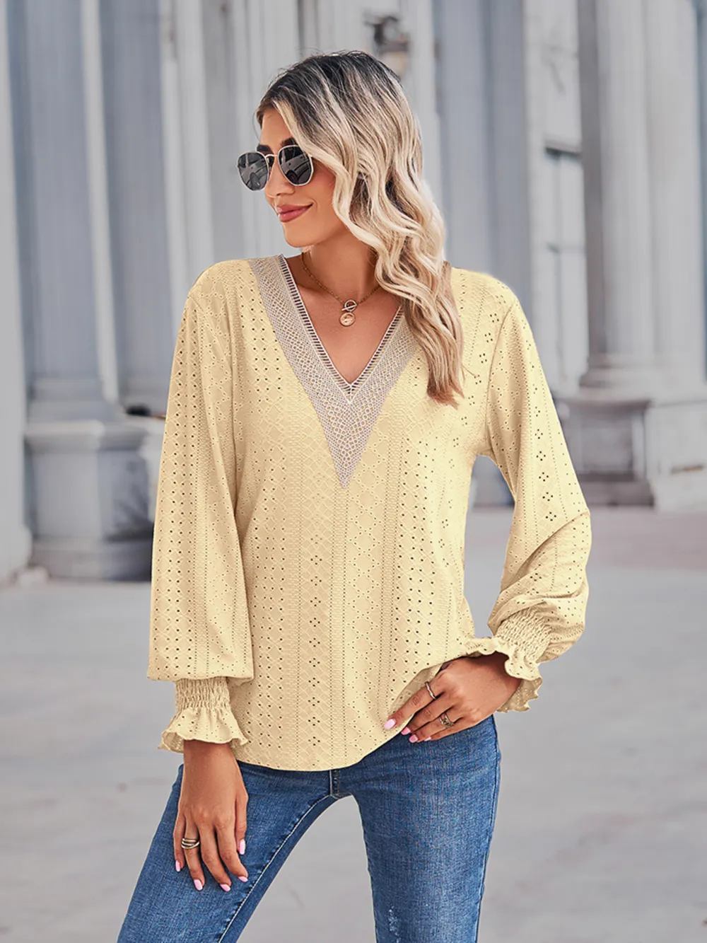 V-Neck Eyelet Flounce Sleeve Blouse, image 4