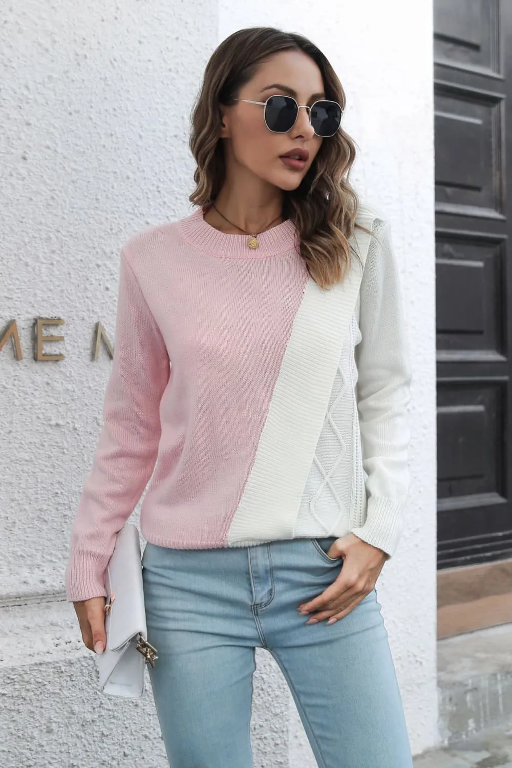 Contrast Color Round Neck Long Sleeve Sweater, image 2