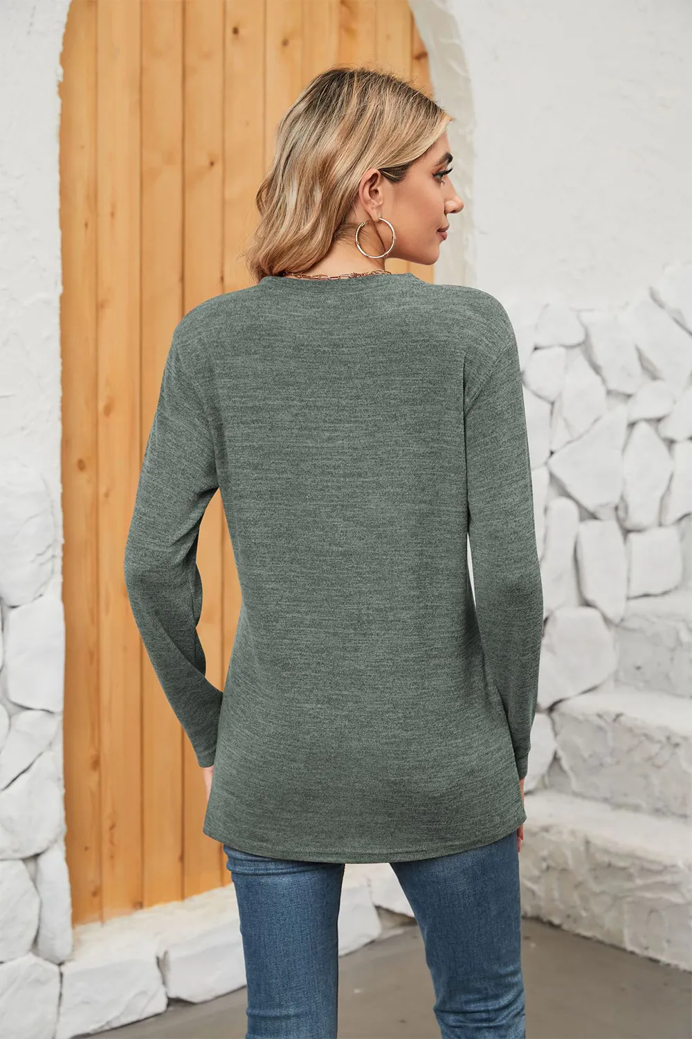 Notched Neck Long Sleeve T-Shirt, image 12