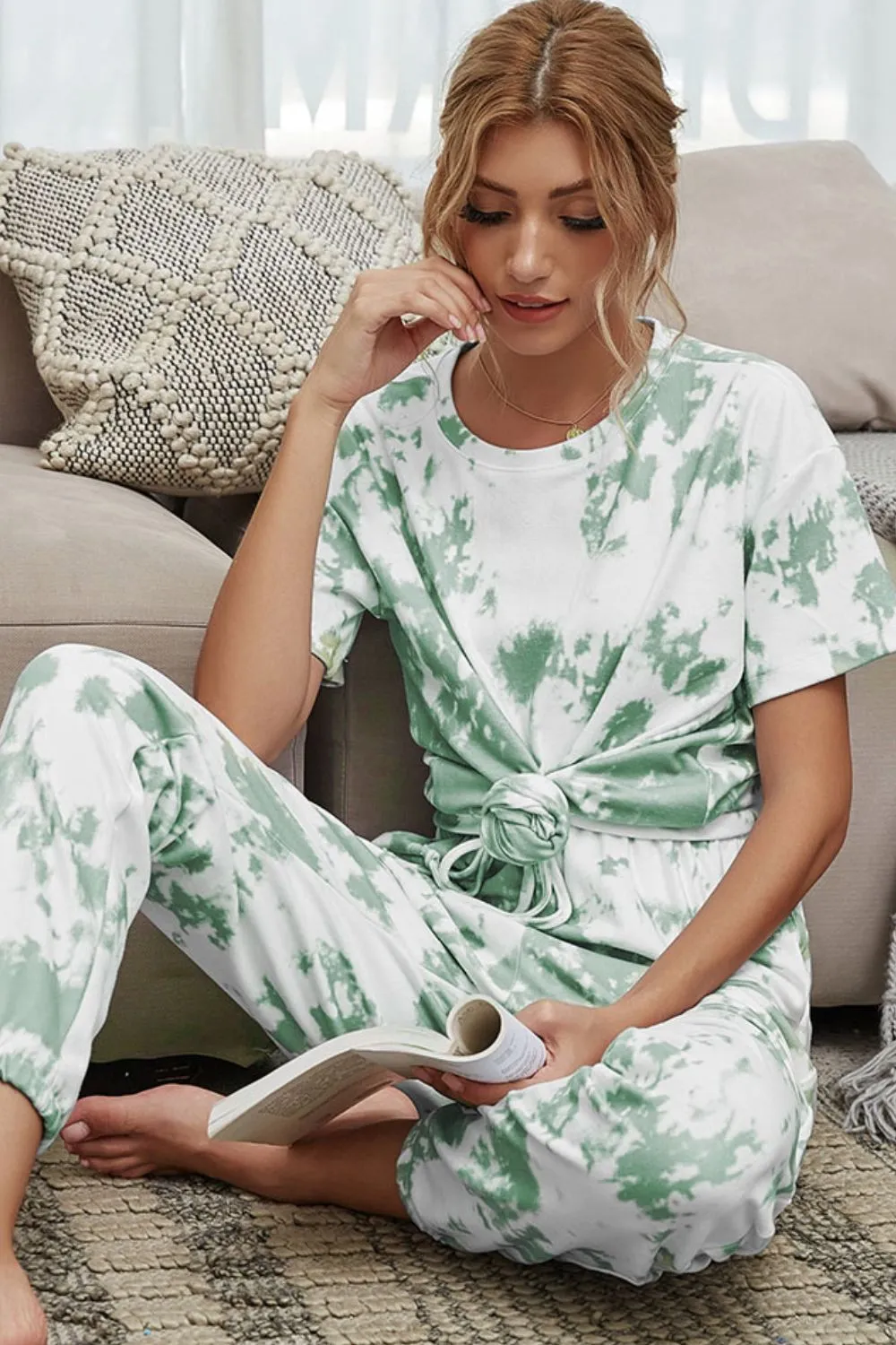 Tie-Dye Tee and Drawstring Waist Joggers Lounge Set, image 2
