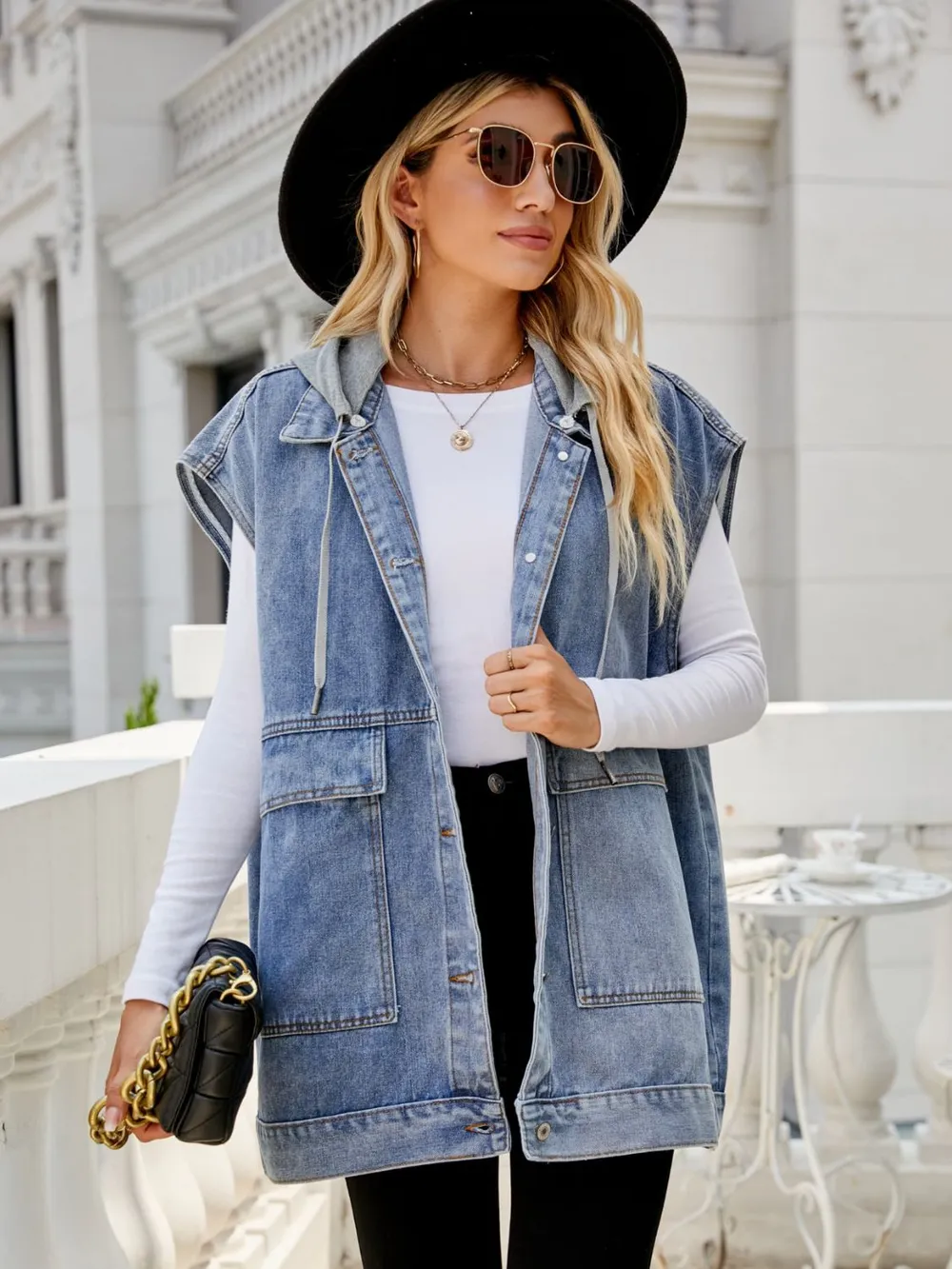 Hooded Sleeveless Denim Top with Pockets, image 2