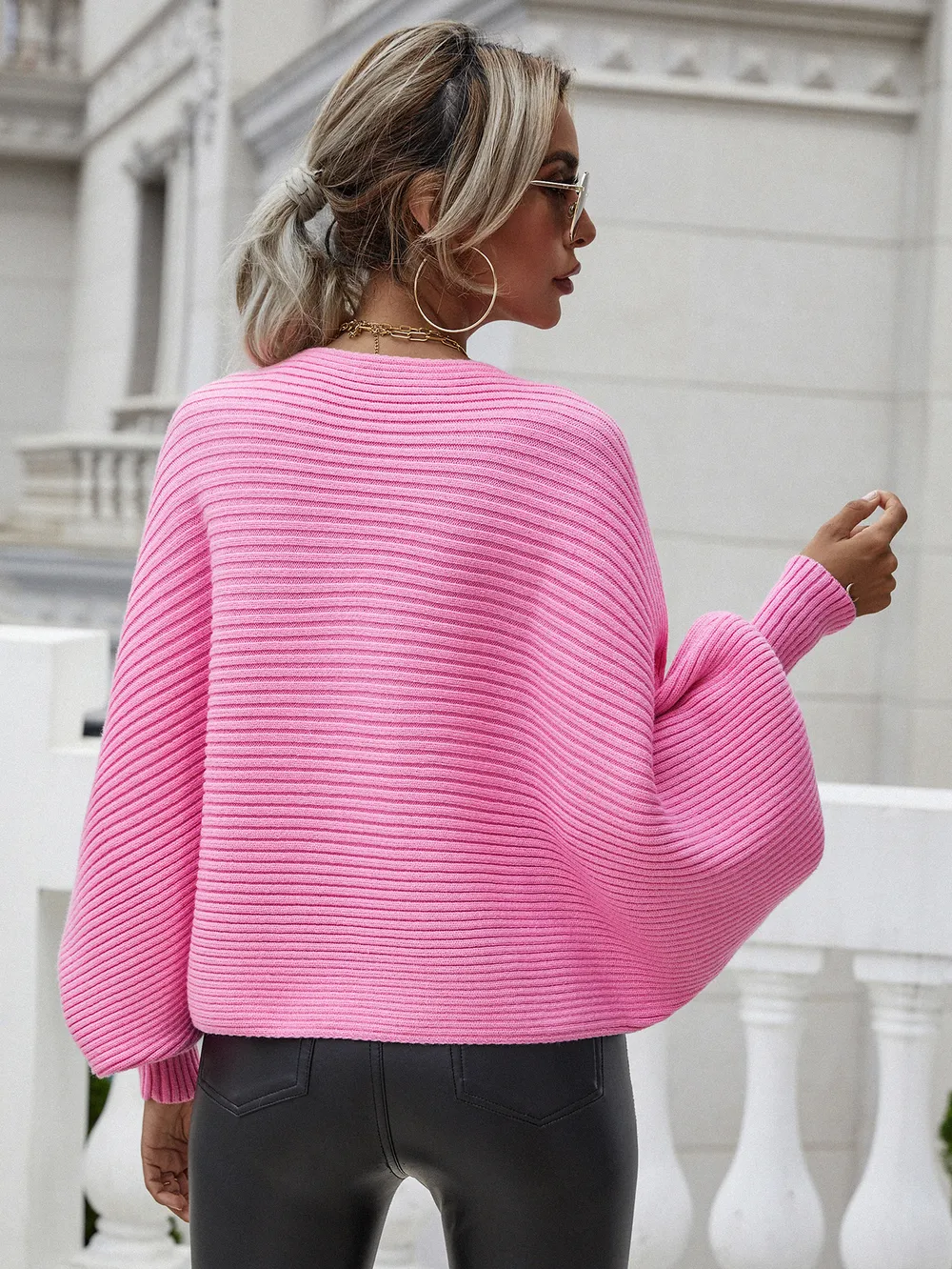 Horizontal Ribbing Dolman Sleeve Sweater, image 2