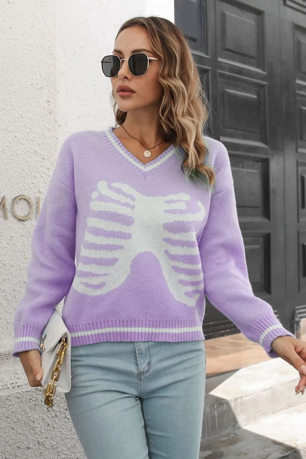 Skeleton Pattern V-Neck Long Sleeve Pullover Sweater, image 3