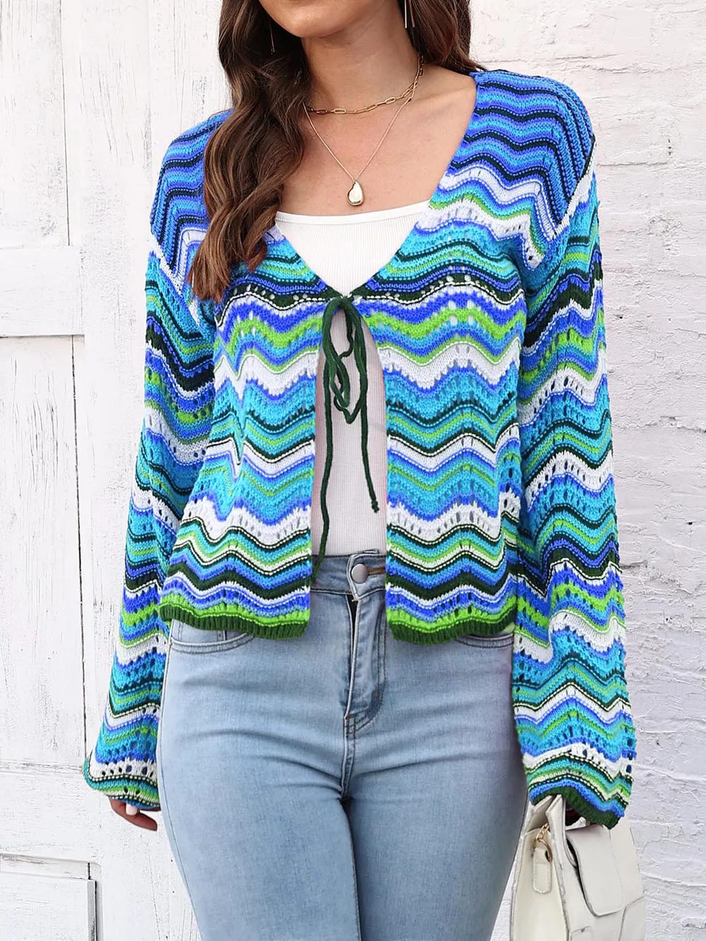 Striped Openwork Tied Cardigan, image 8