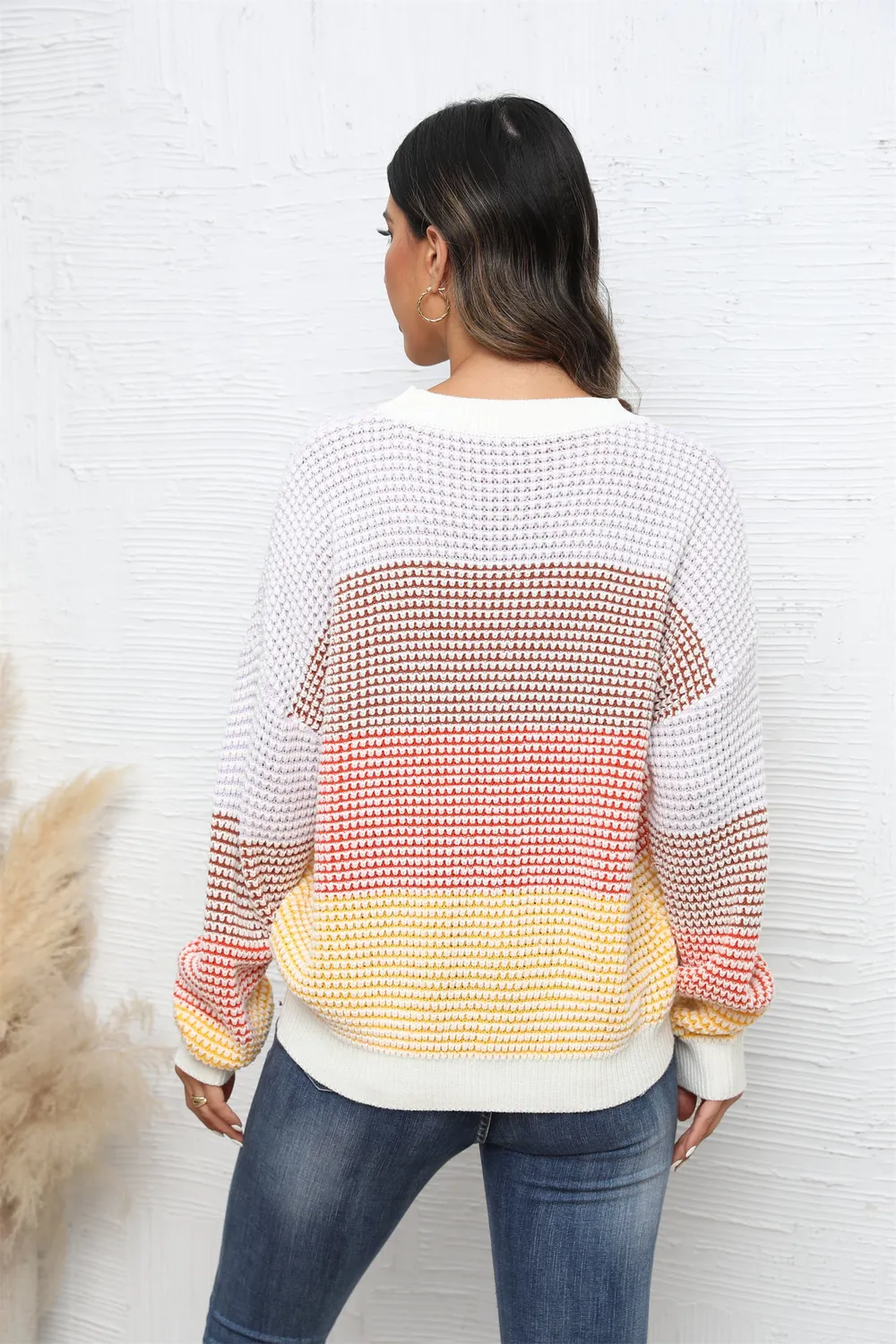 Waffle-Knit Round Neck Dropped Shoulder Color Block Sweater, image 3