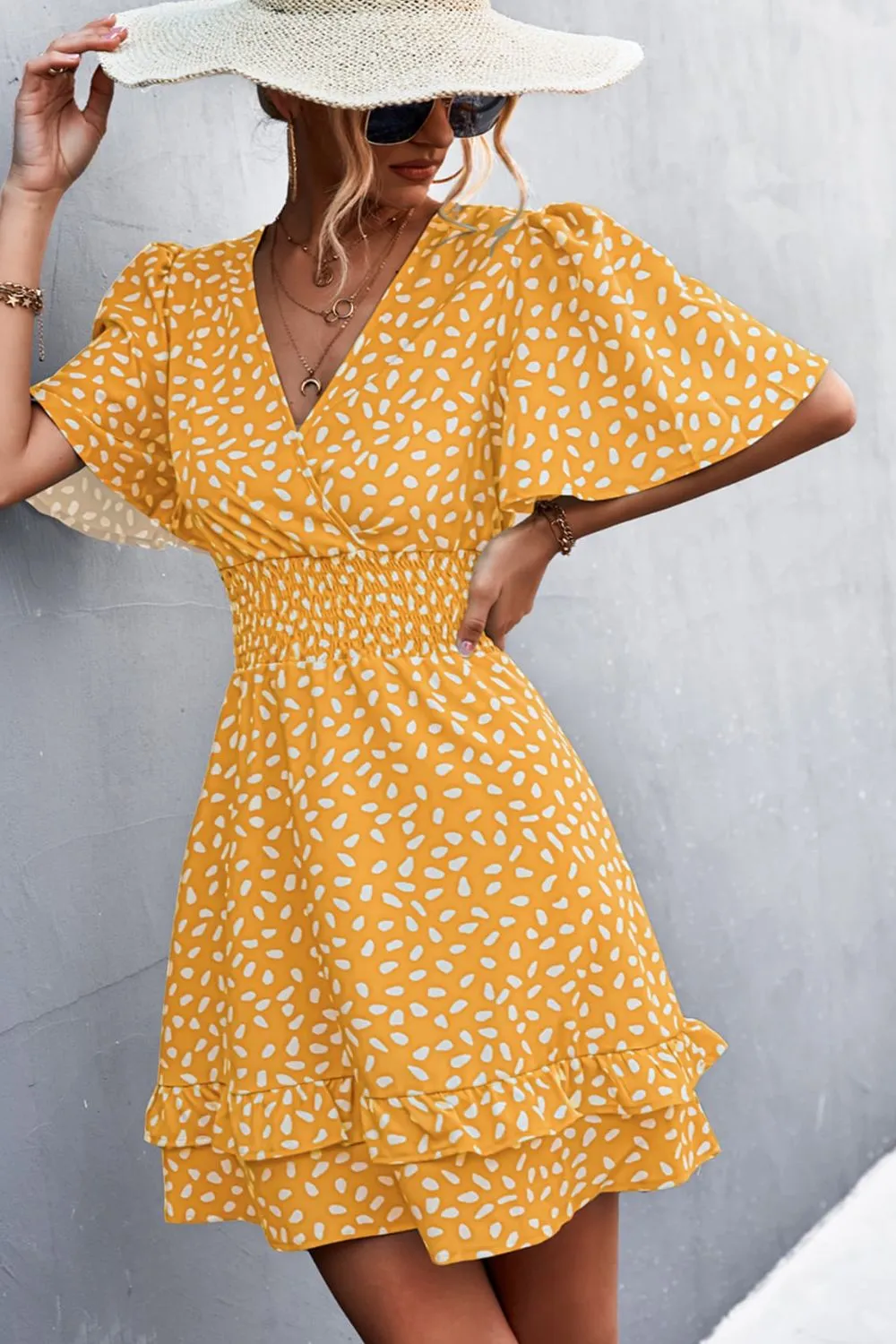 Printed Smocked Waist Layered Surplice Dress, image 2