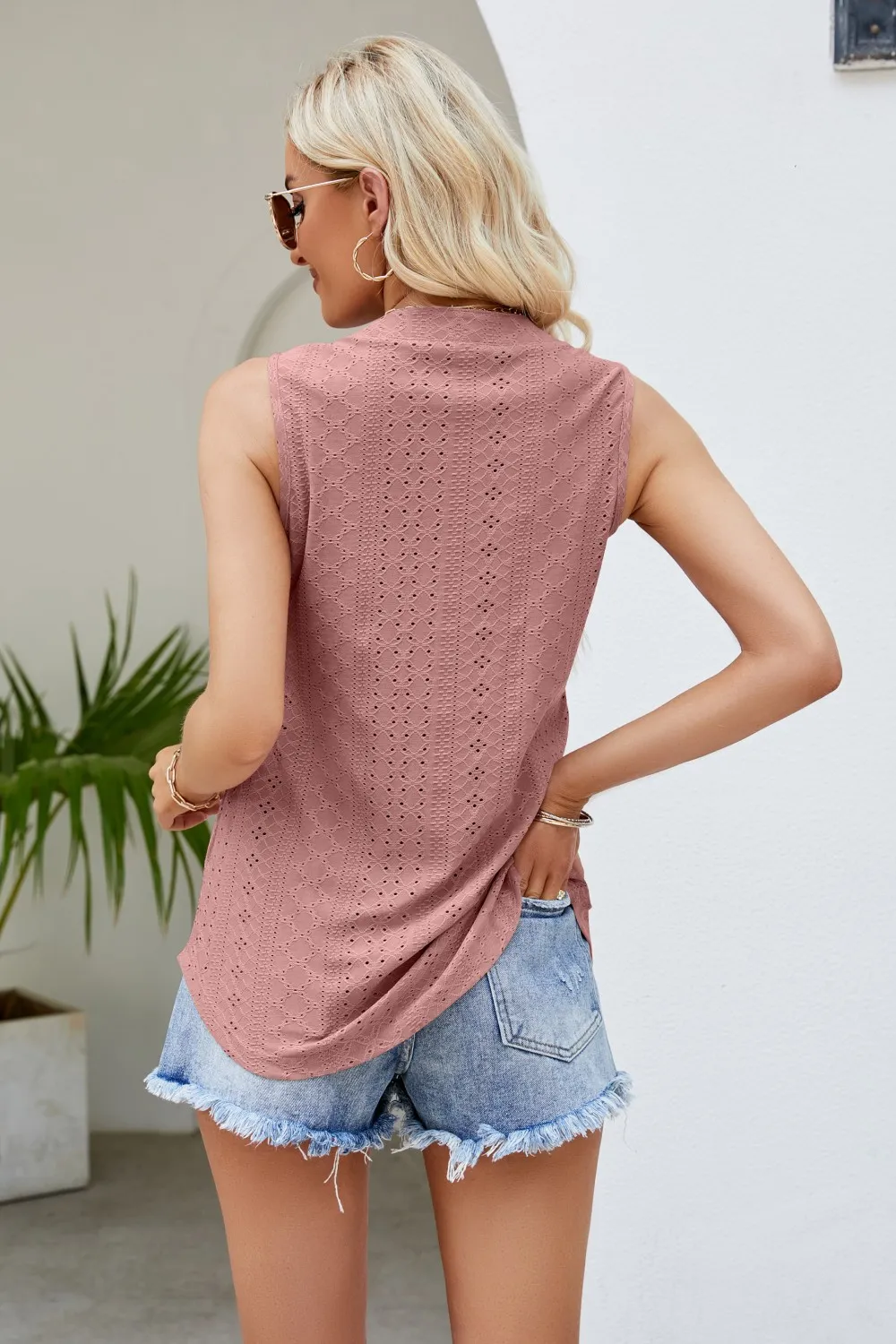 Notched Neck Curved Hem Eyelet Tank, image 10