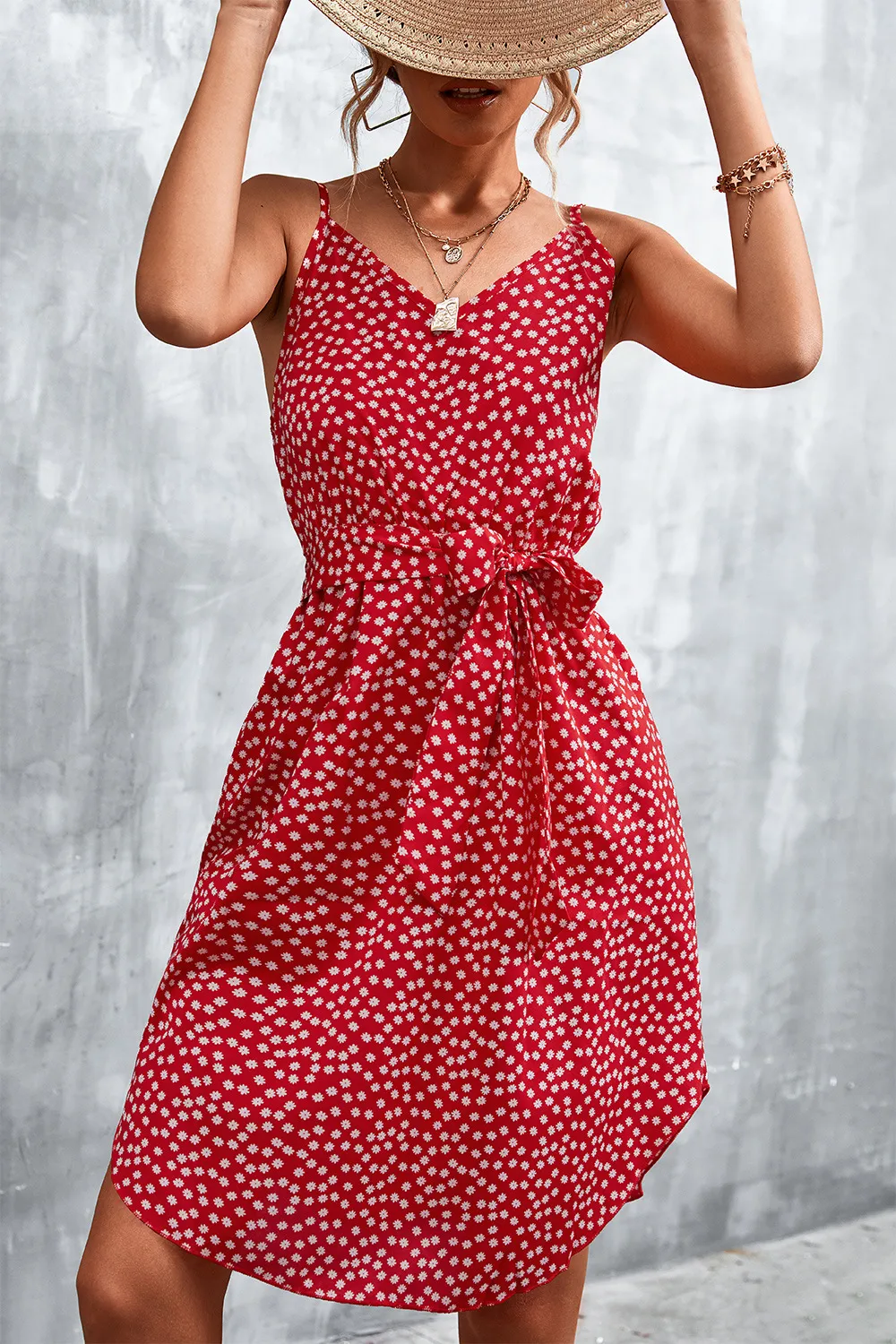 Printed V-Neck Tie Waist Mini Dress, image 2