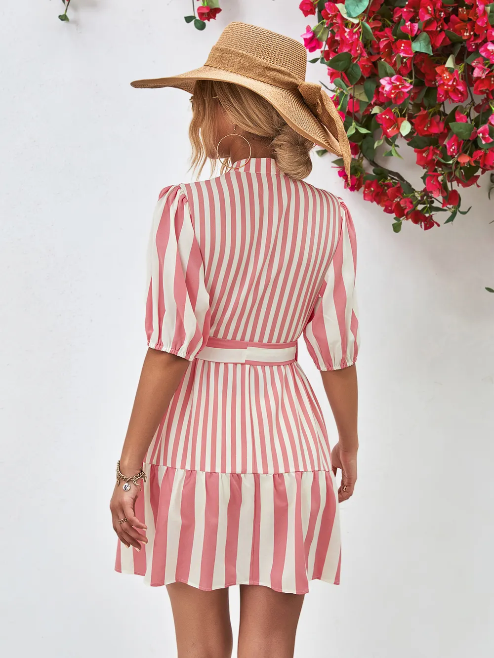 Striped Half Sleeve Tie Waist Mini Dress, image 2