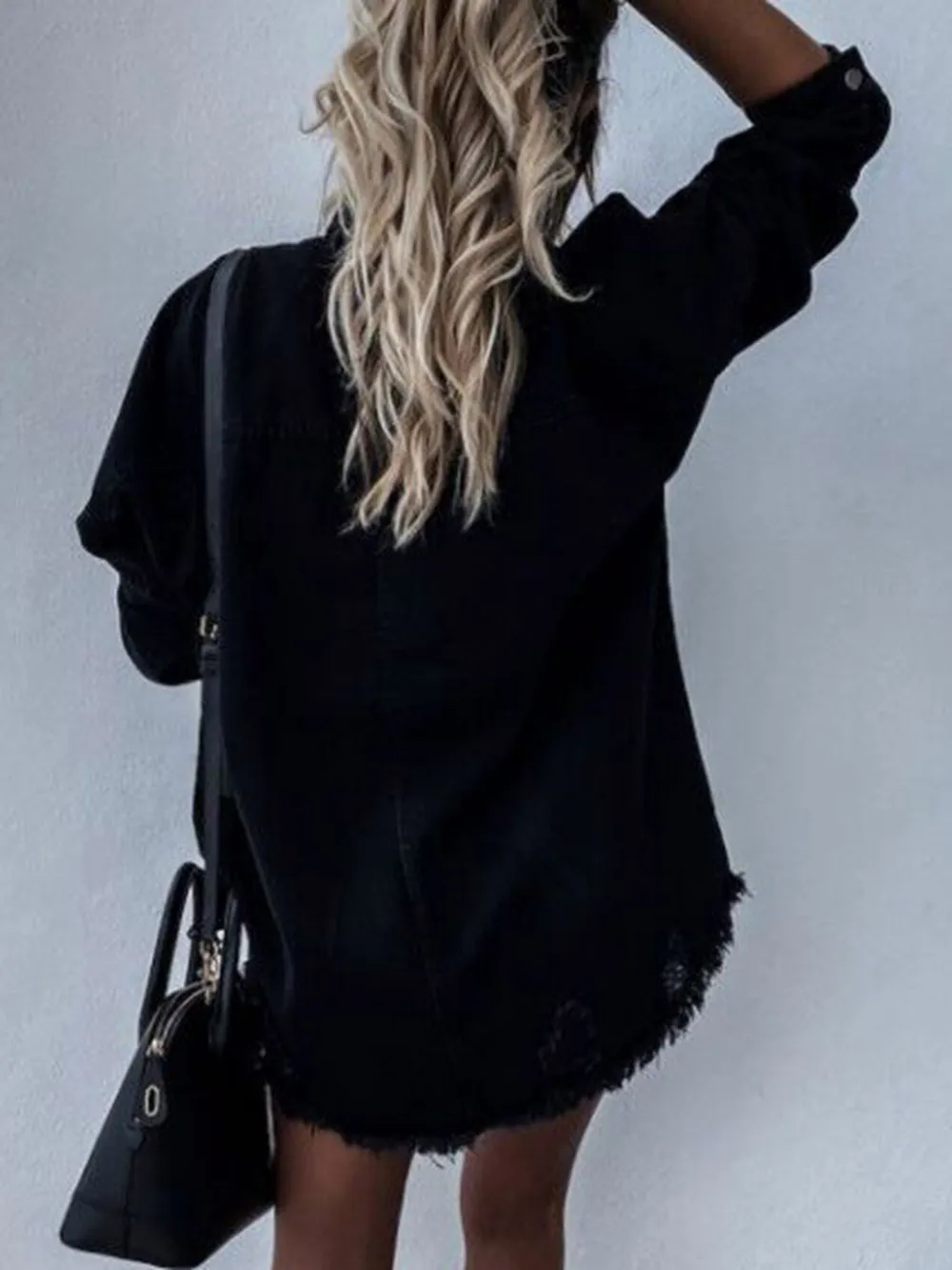 Raw Hem Collared Neck Long Sleeve Denim Jacket, image 6
