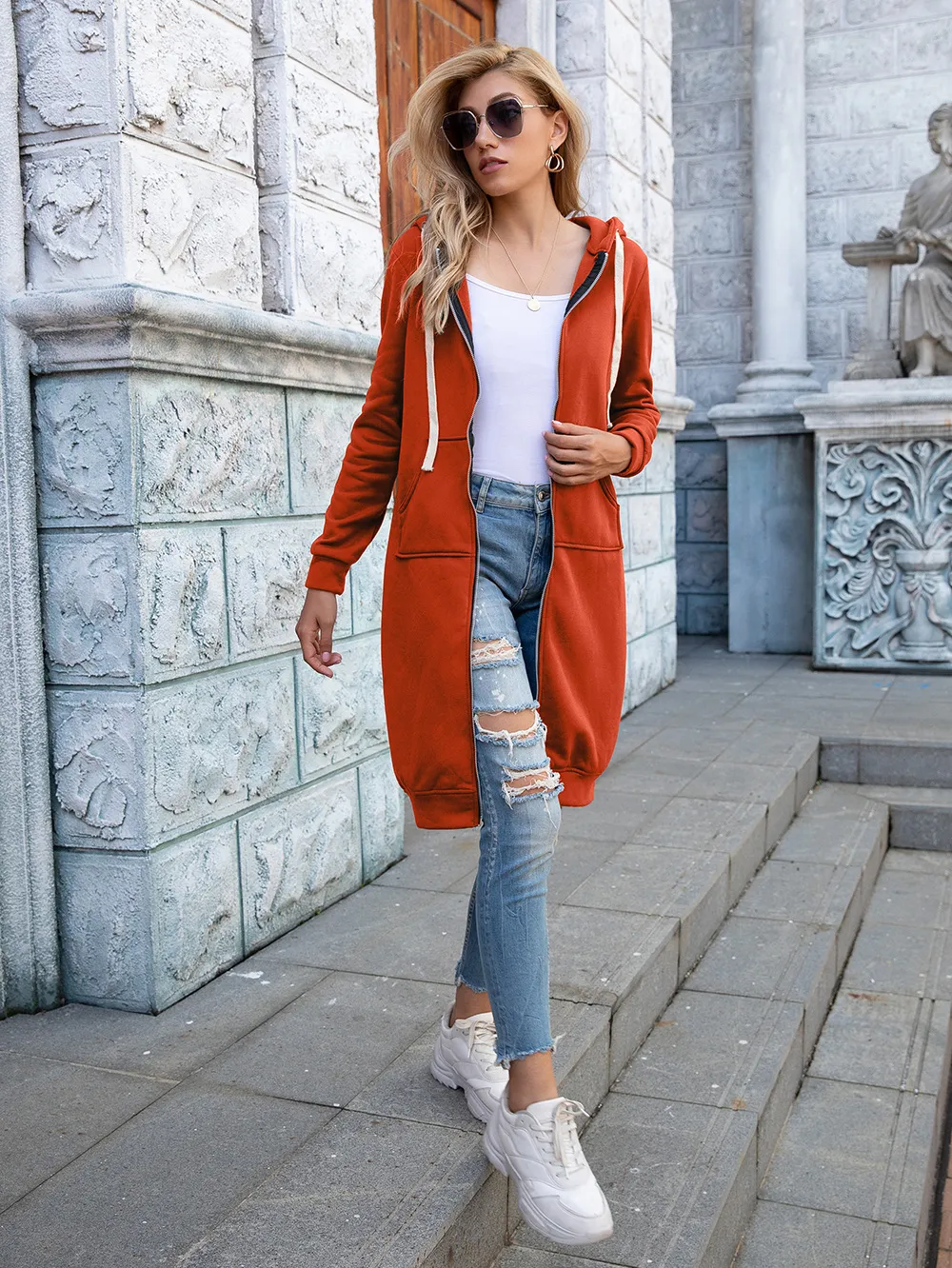 Zip-Up Longline Hoodie with Pockets, image 11