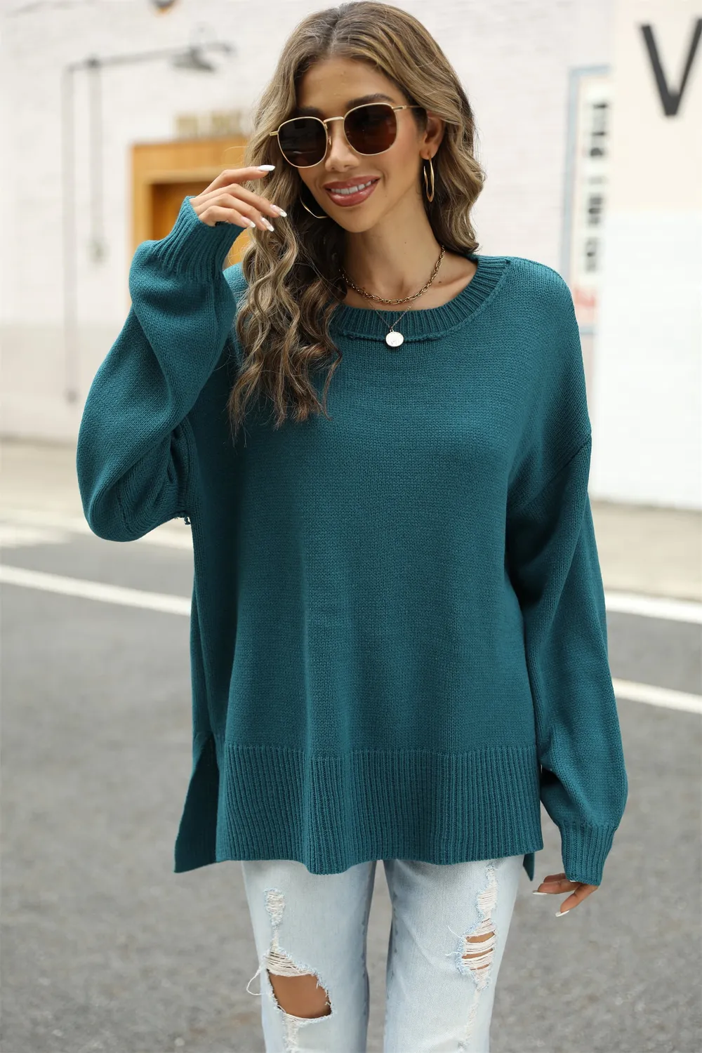 Round Neck Dropped Shoulder Slit Sweater, image 3
