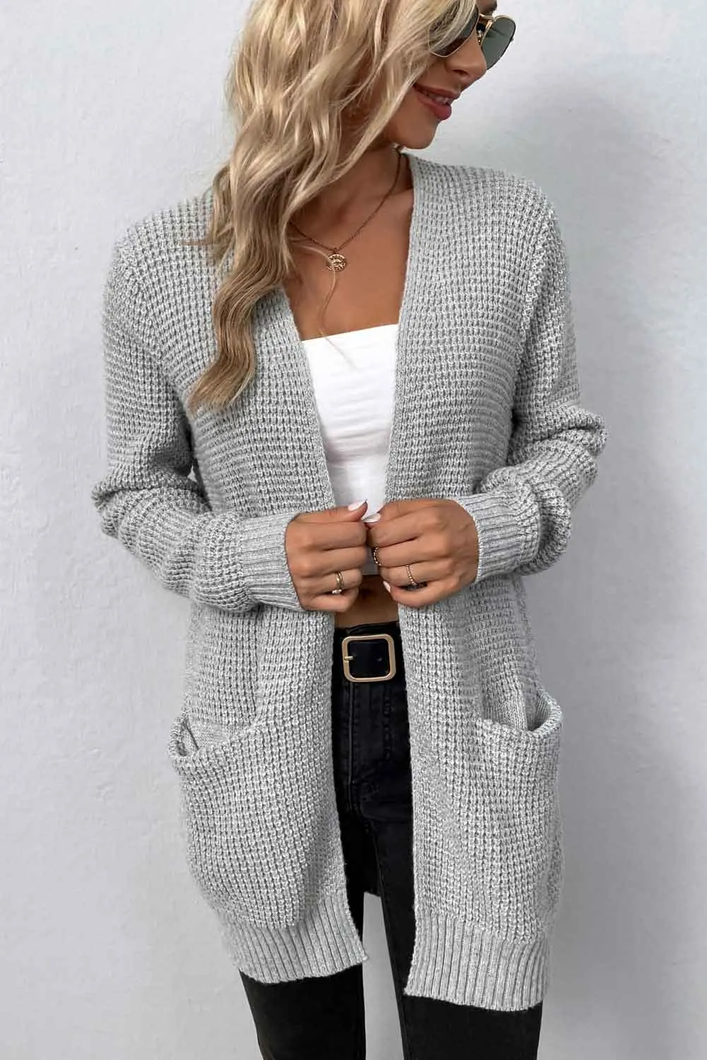 Rib-Knit Open Front Pocketed Cardigan, image 5