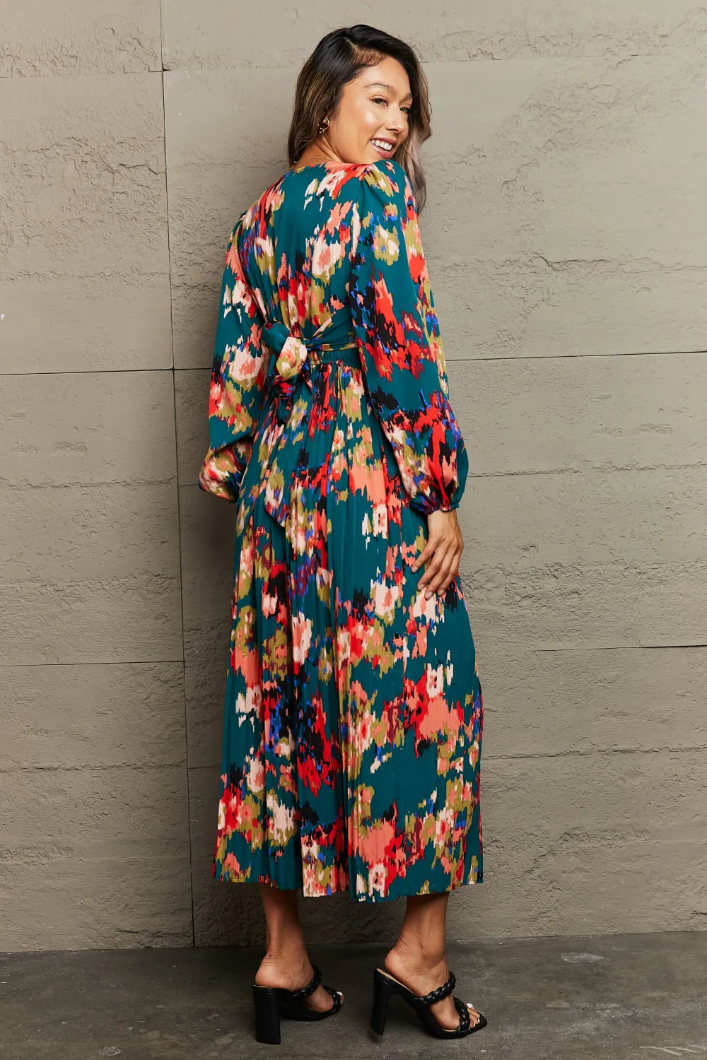 Printed Deep V Slit Pleated Dress, image 2