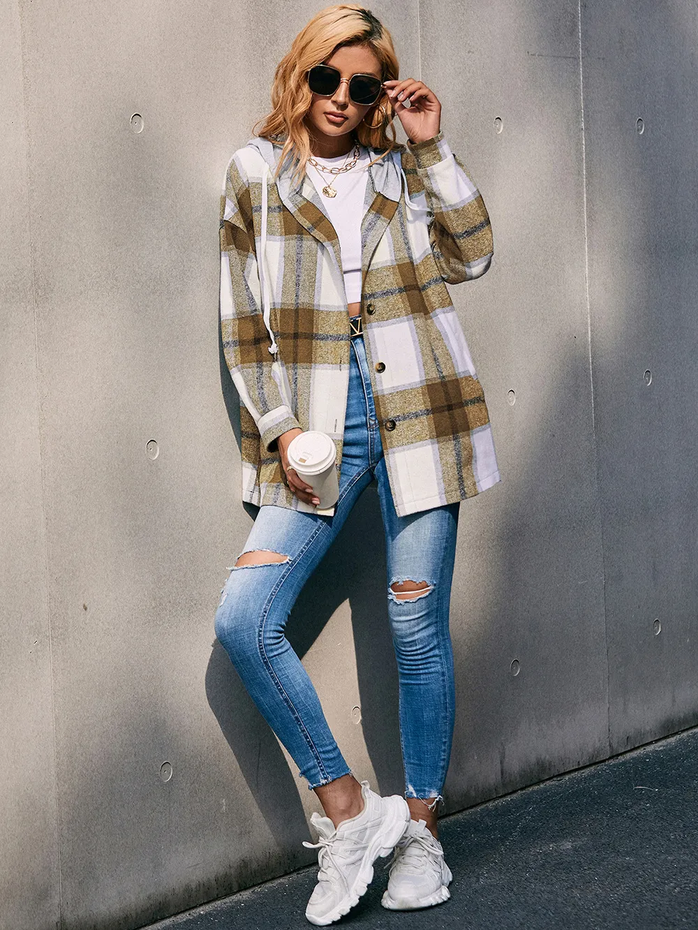 Plaid Dropped Shoulder Hooded Jacket, image 2