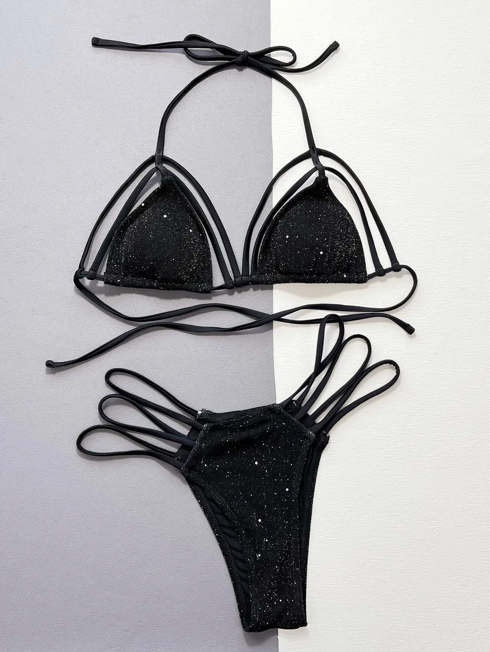 Glitter Halter Neck Strappy Two-Piece Bikini Set, image 2