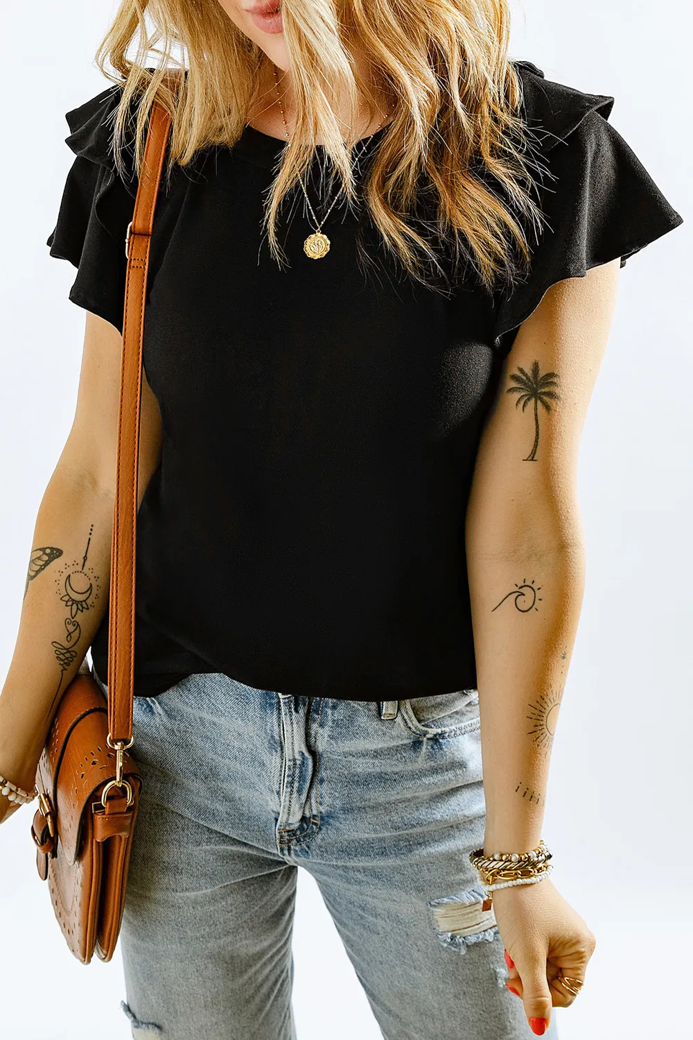Layered Flutter Sleeve Round Neck Top, image 2