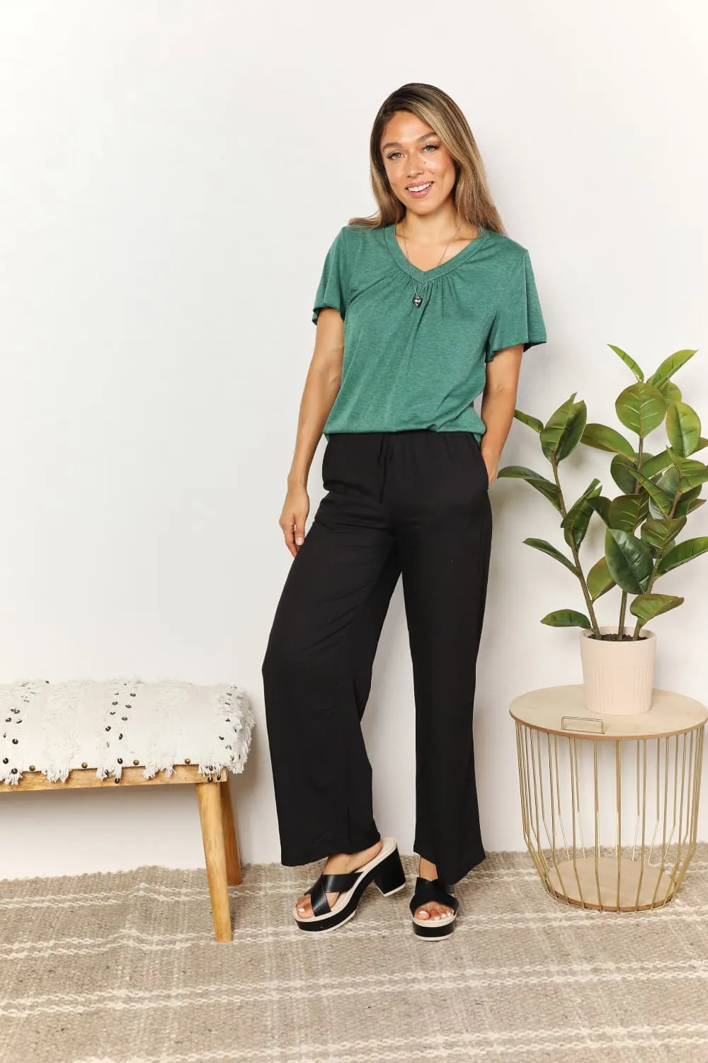 Ruched V-Neck Short Sleeve T-Shirt, image 4