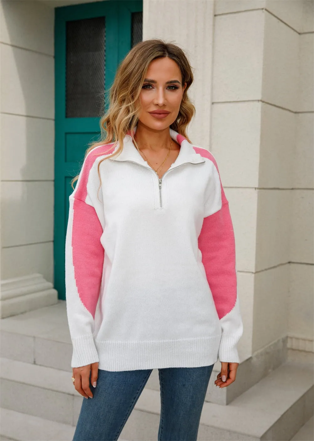 Two-Tone Collared Neck Dropped Shoulder Knit Top, image 2