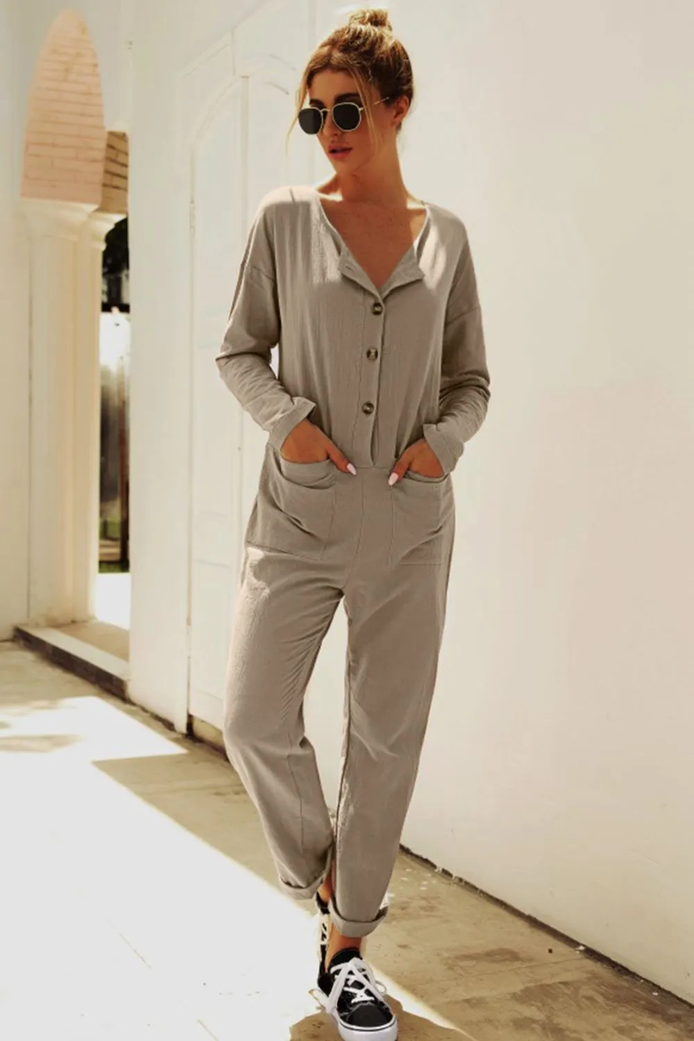 Buttoned Drop Shoulder Pocket Jumpsuit, image 2