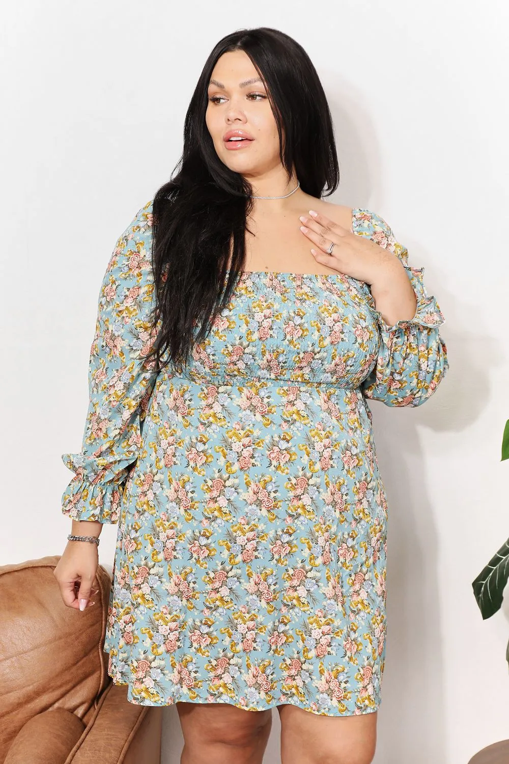 Floral Smocked Flounce Sleeve Square Neck Dress, image 2