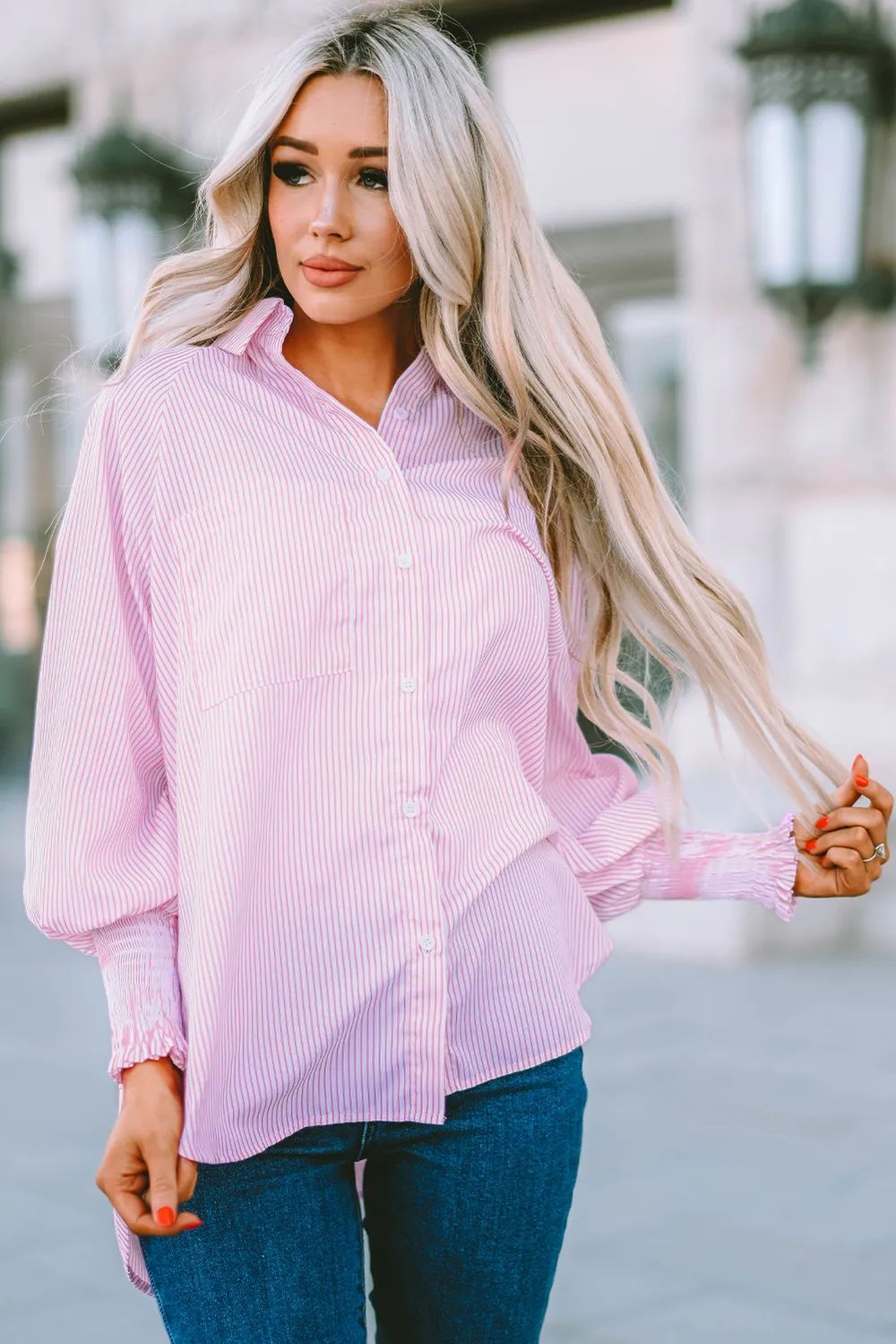 Striped Lantern Sleeve Collared Shirt, image 2