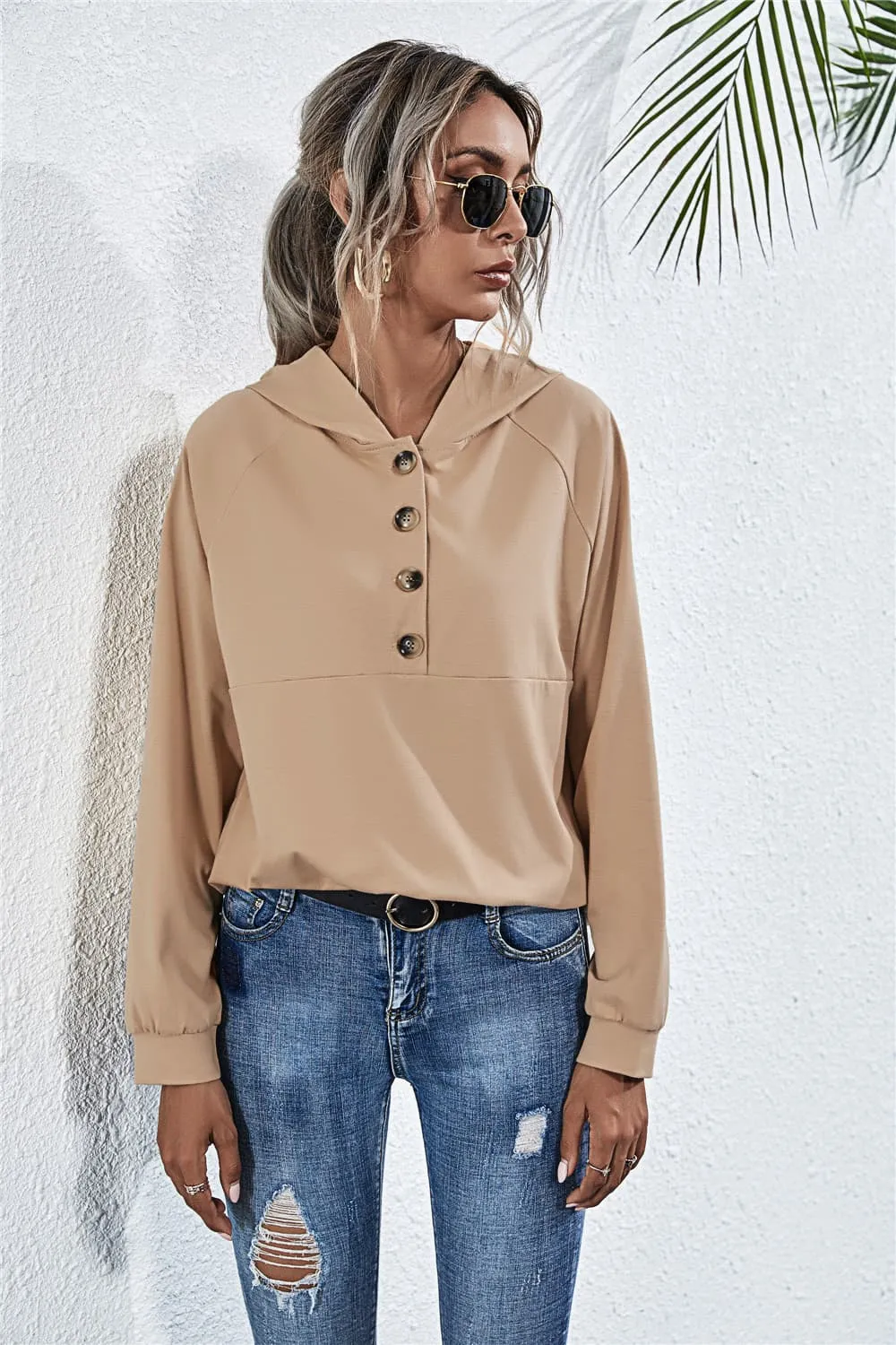 Buttoned Raglan Sleeve Hooded Blouse, image 3