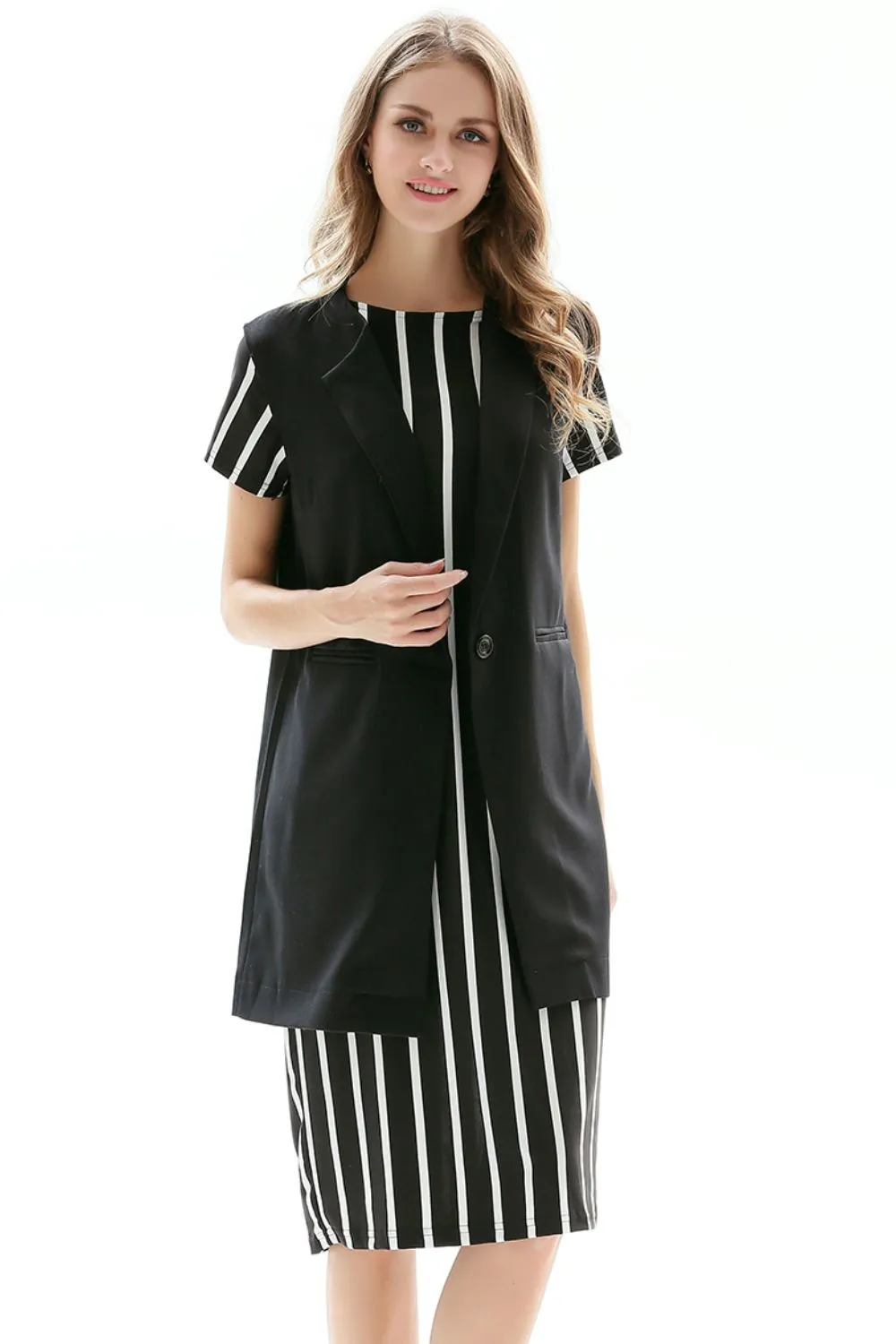 One-Button Sleeveless Longline Blazer, image 2