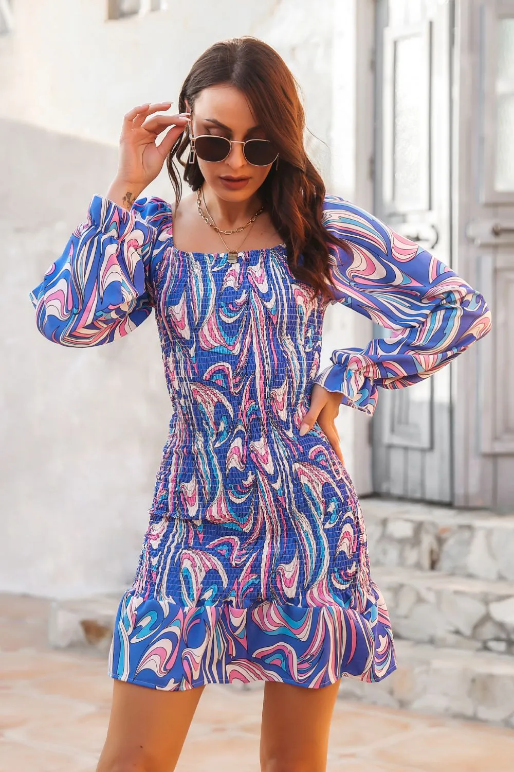 Abstract Print Square Neck Smocked Dress, image 4
