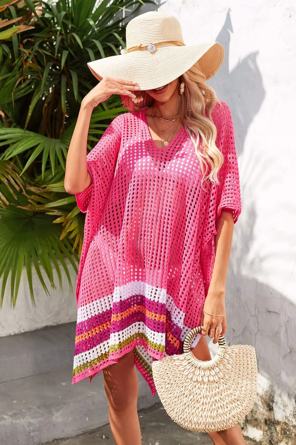 Rainbow Stripe Openwork Slit Cover-Up, image 17