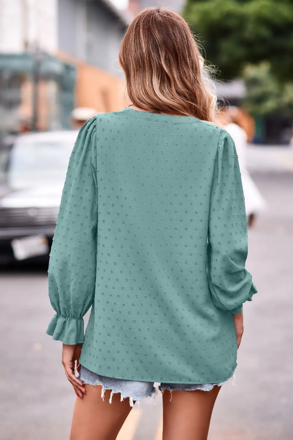 Swiss Dot Notched Neck Flounce Sleeve Blouse, image 10