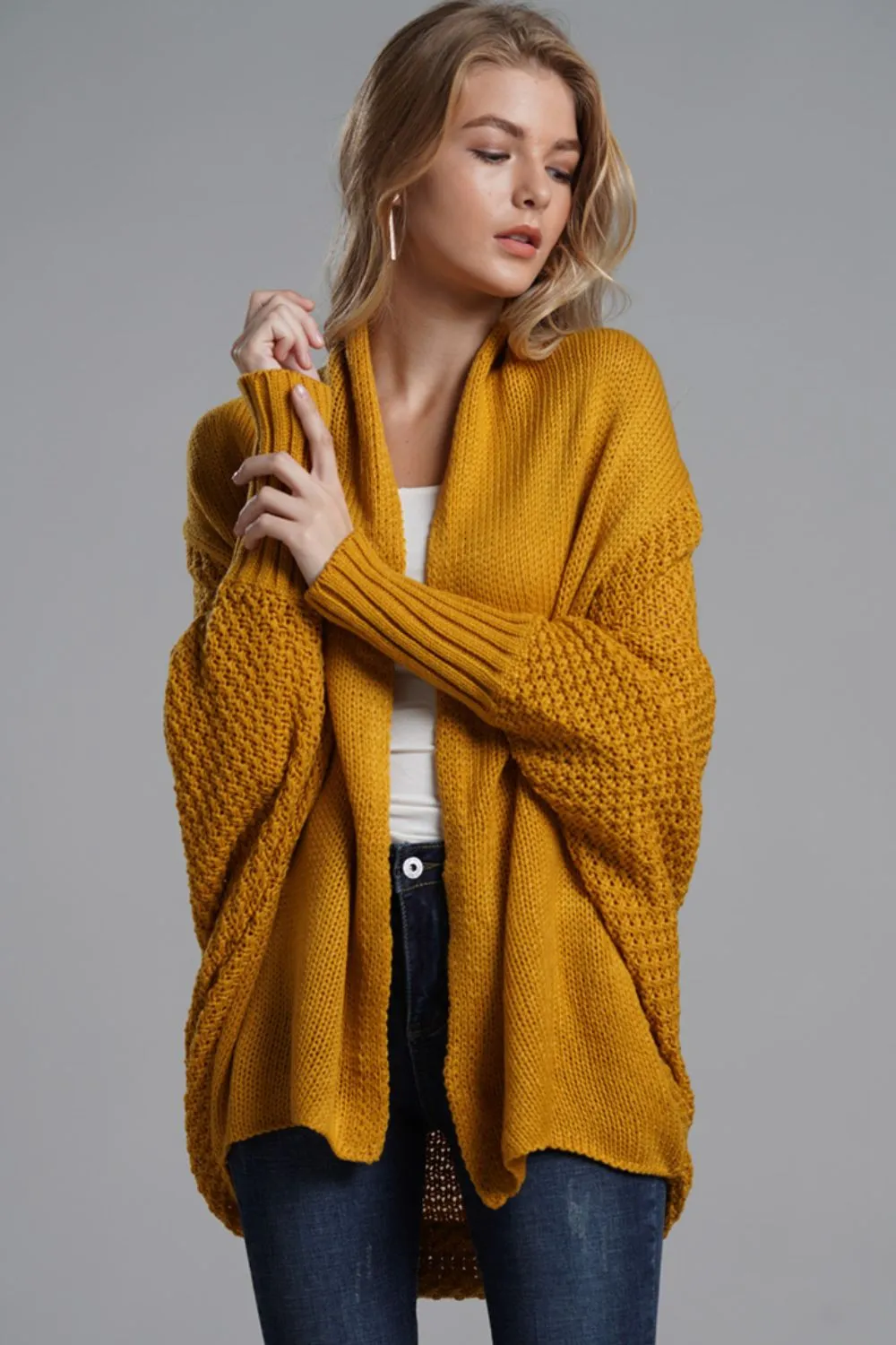Dolman Sleeve Open Front Ribbed Trim Longline Cardigan, image 19