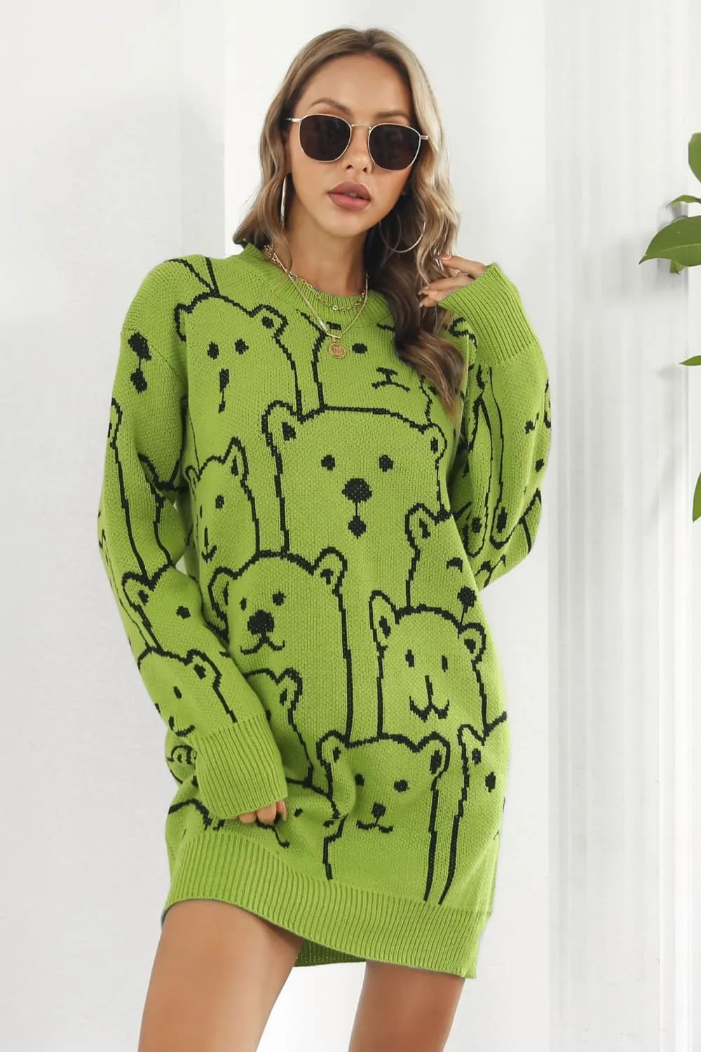Bear Pattern Round Neck Sweater Dress, image 7