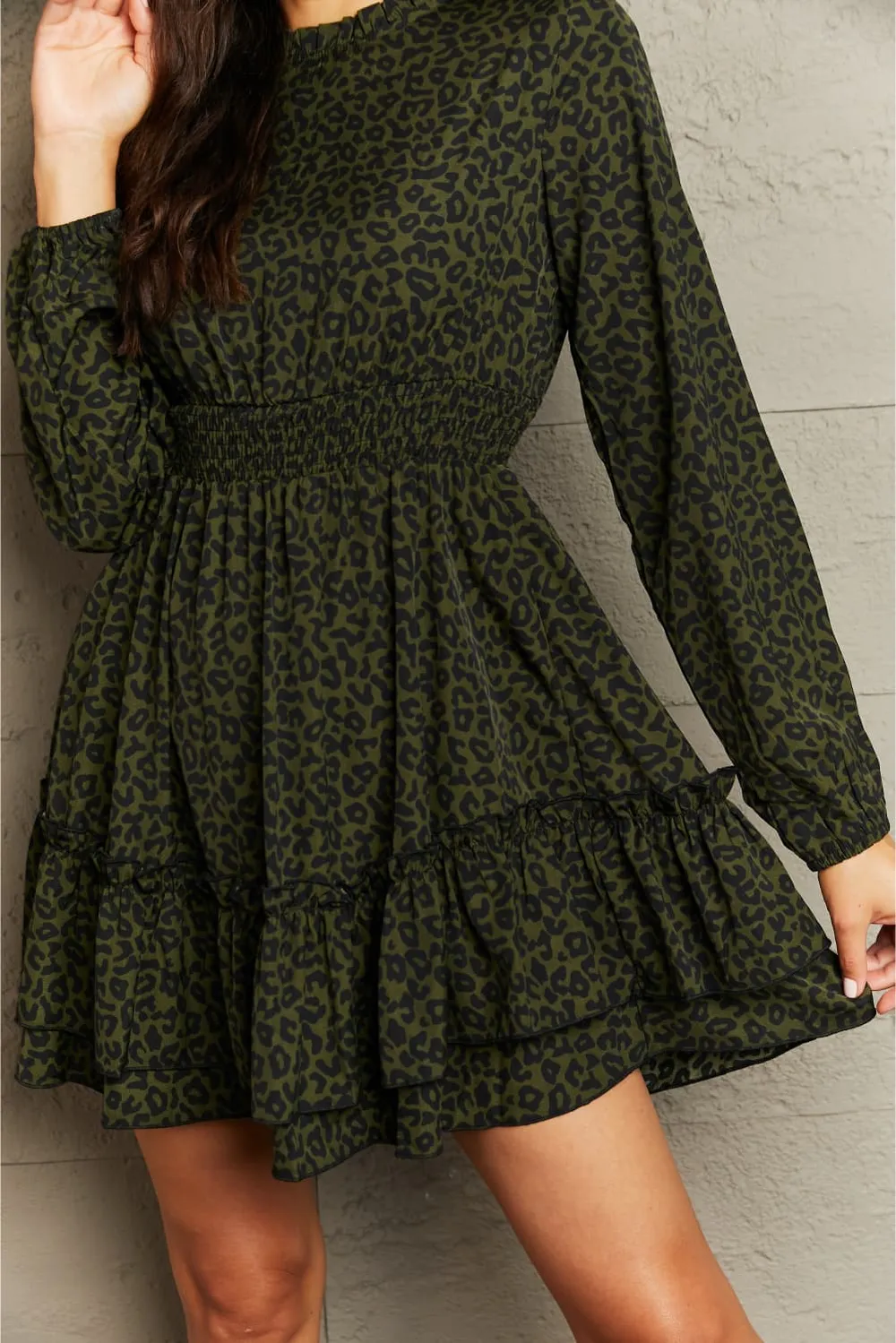 Leopard Smock Waist Long Sleeve Dress, image 2