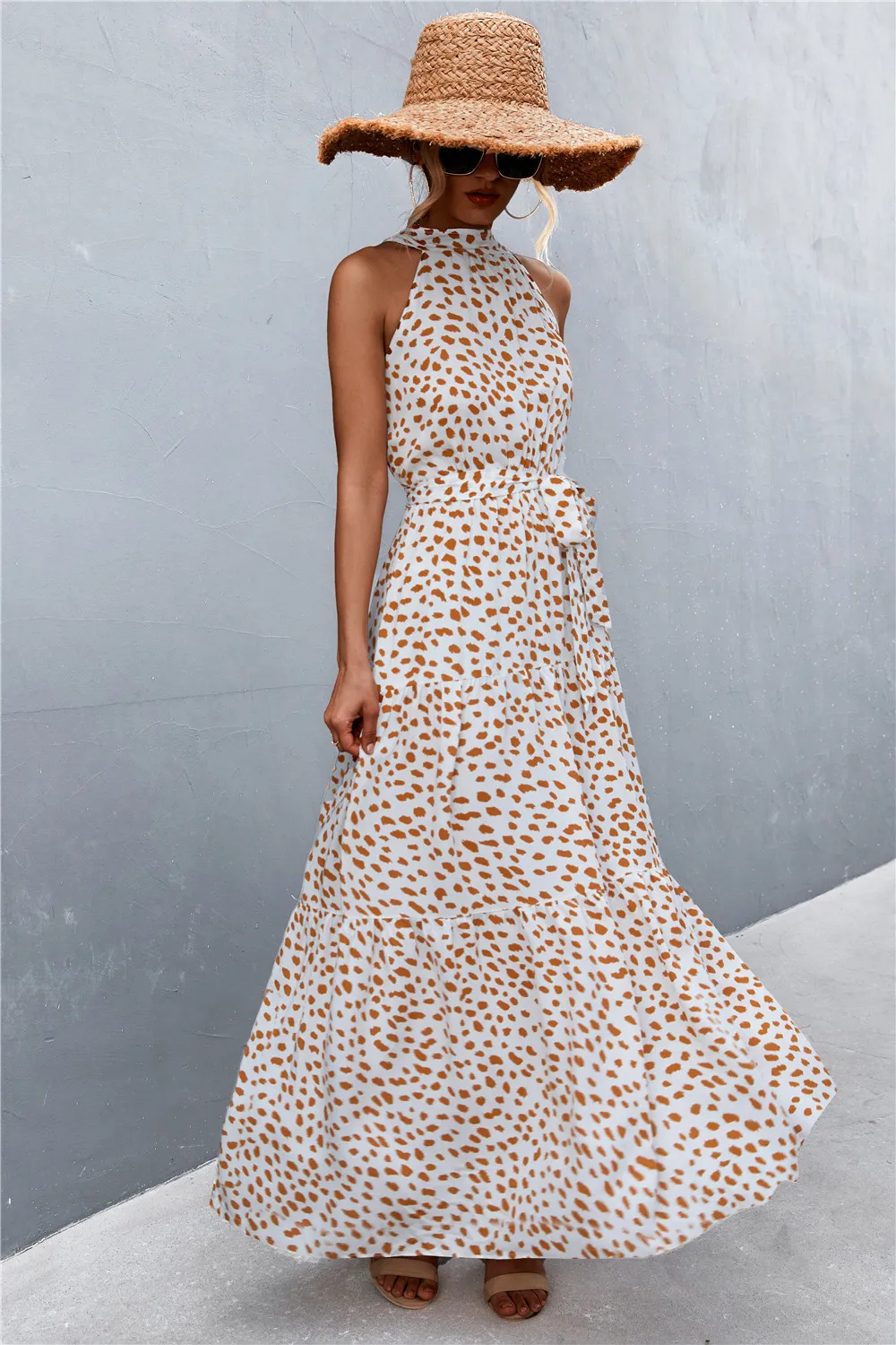 Printed Sleeveless Tie Waist Maxi Dress, image 2