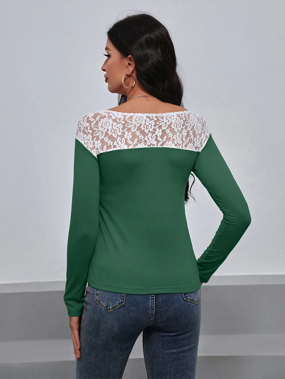 Lace Trim Long Sleeve Round Neck Tee, image 12