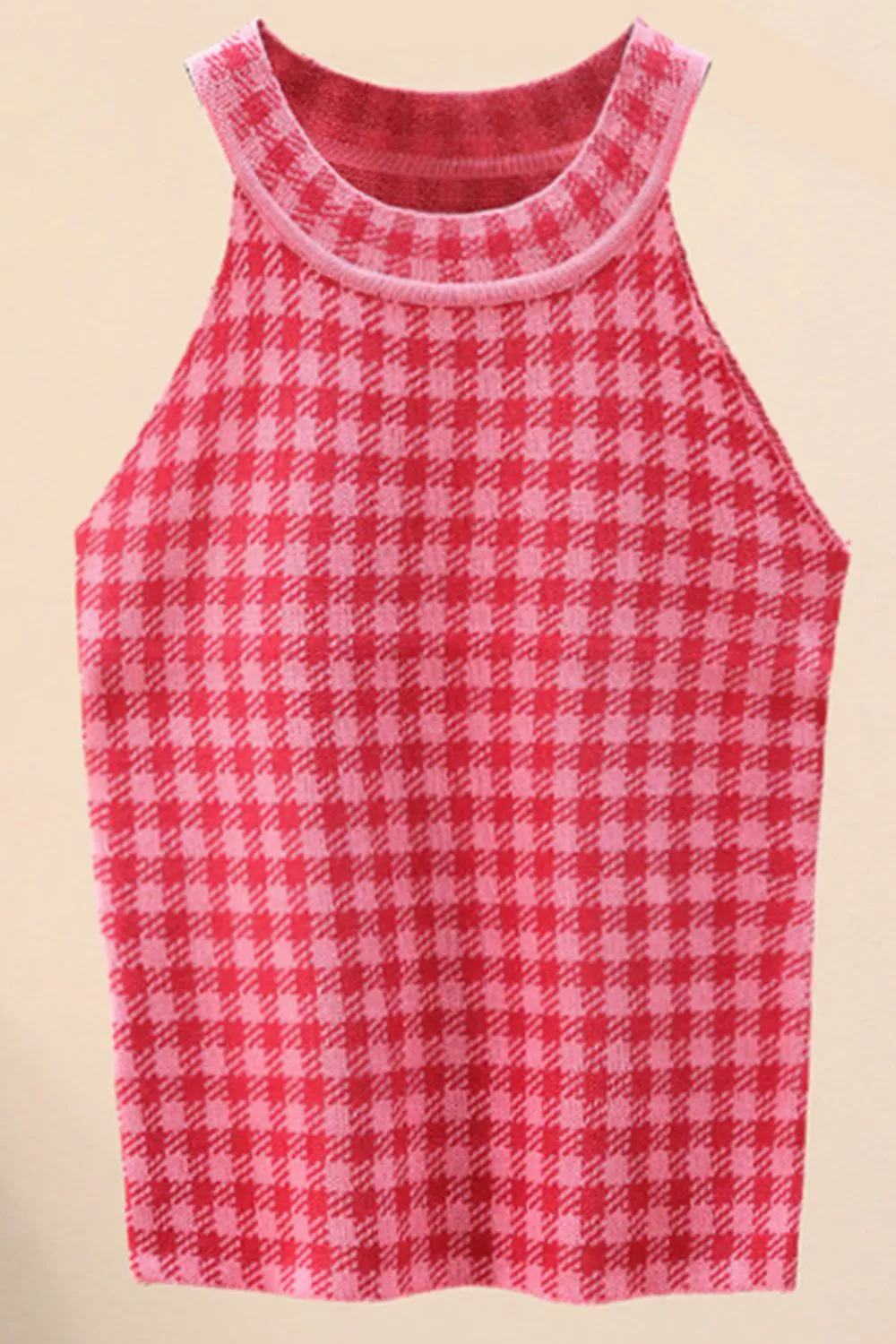 Plaid Round Neck Sleeveless Knit Top, image 2