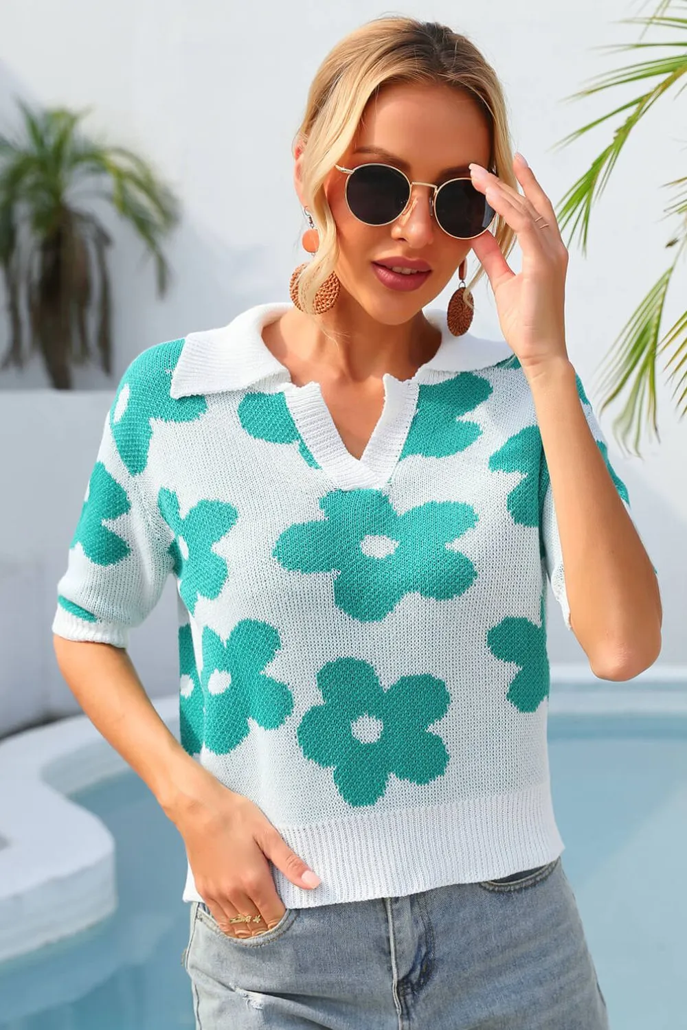 Floral Johnny Collar Half Sleeve Knit Top, image 2