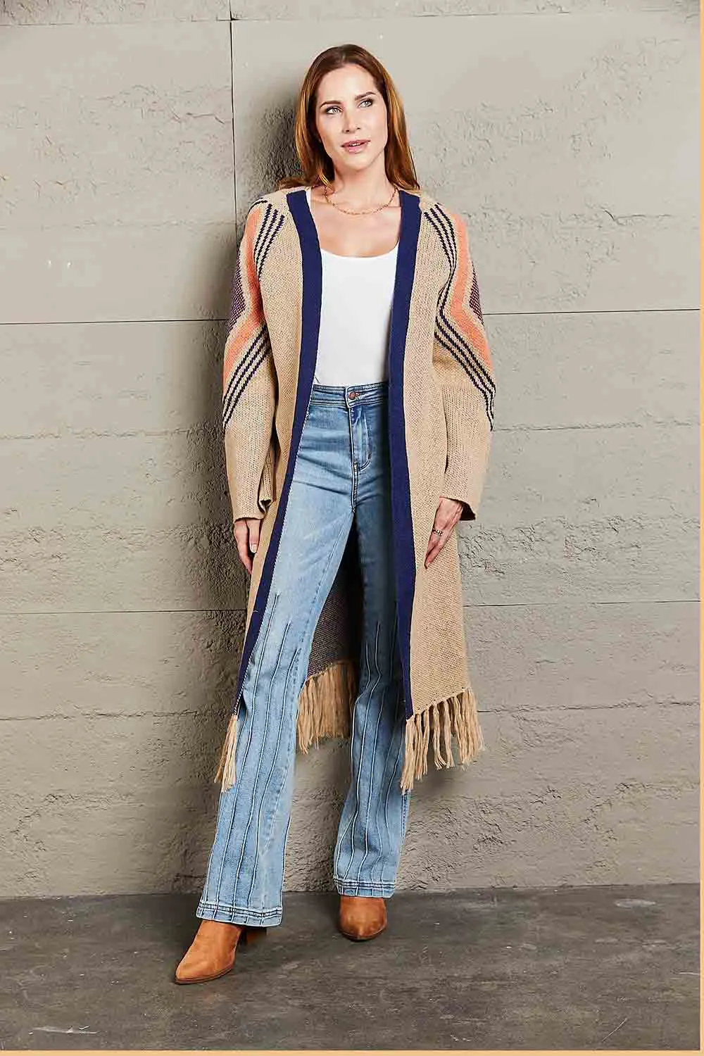 Geometric Fringe Hem Open Front Duster Cardigan, image 2