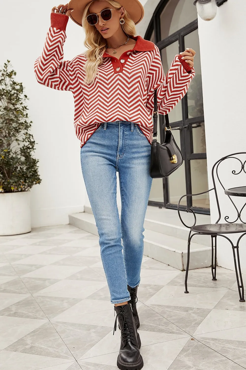 Striped Collared Neck Buttoned Pullover Sweater, image 9