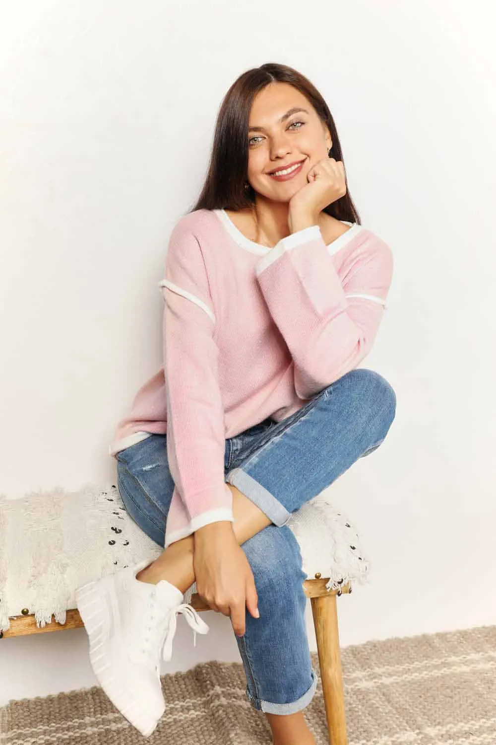 Contrast Detail Dropped Shoulder Knit Top, image 2