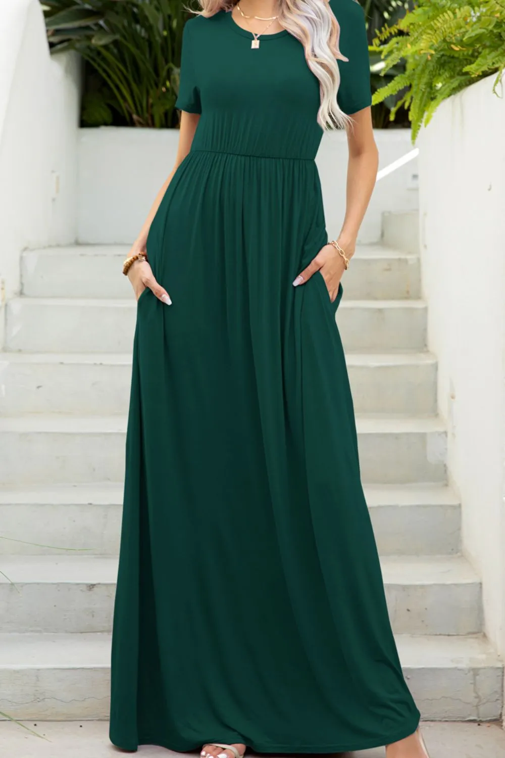Round Neck Maxi Tee Dress with Pockets, image 2