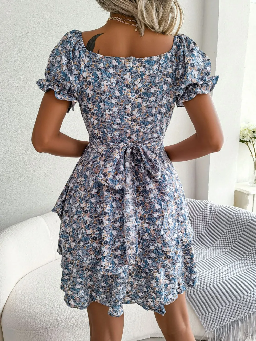 Floral Sweetheart Neck Flounce Sleeve Mini Dress, image 2