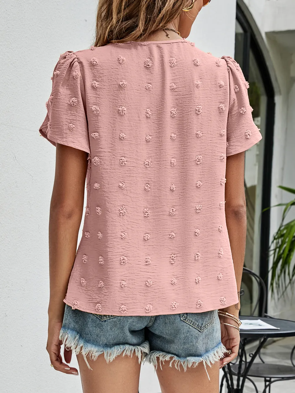 Swiss Dot Round Neck Petal Sleeve Top, image 21