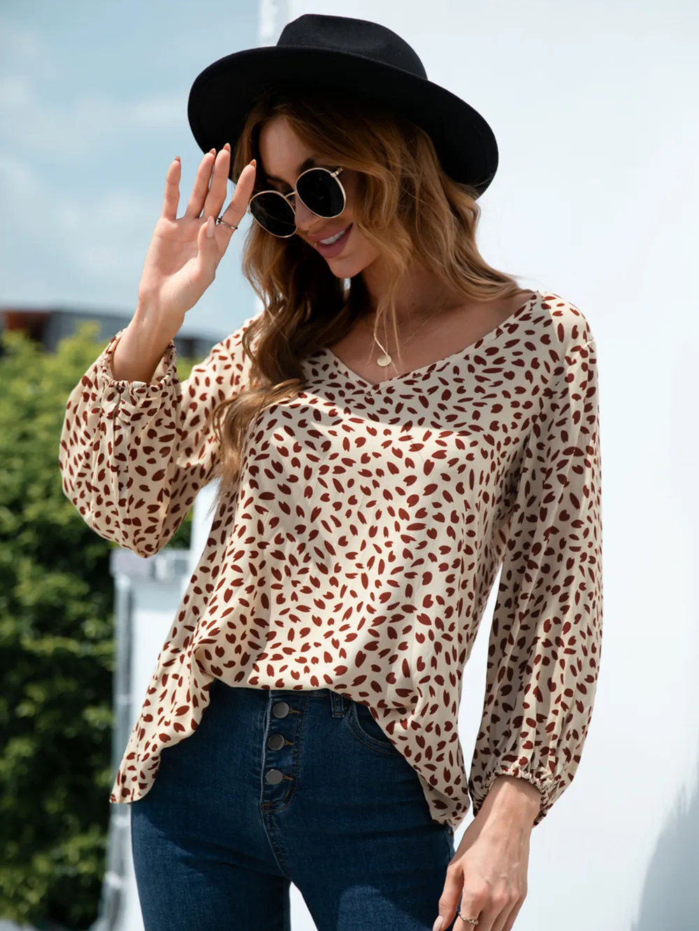 Printed V-Neck Balloon Sleeve Blouse, image 2