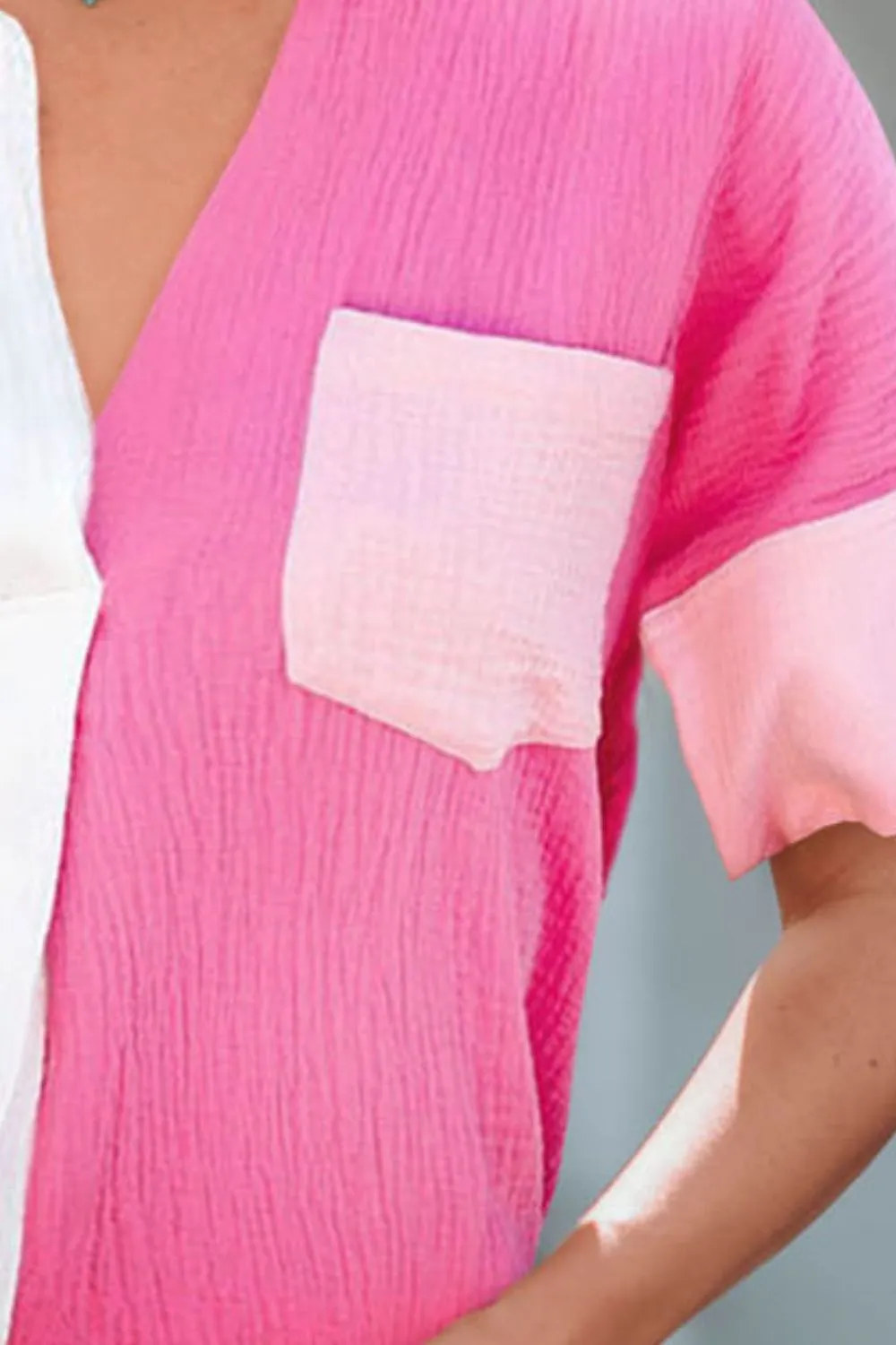 Color Block Textured Johnny Collar Blouse, image 2