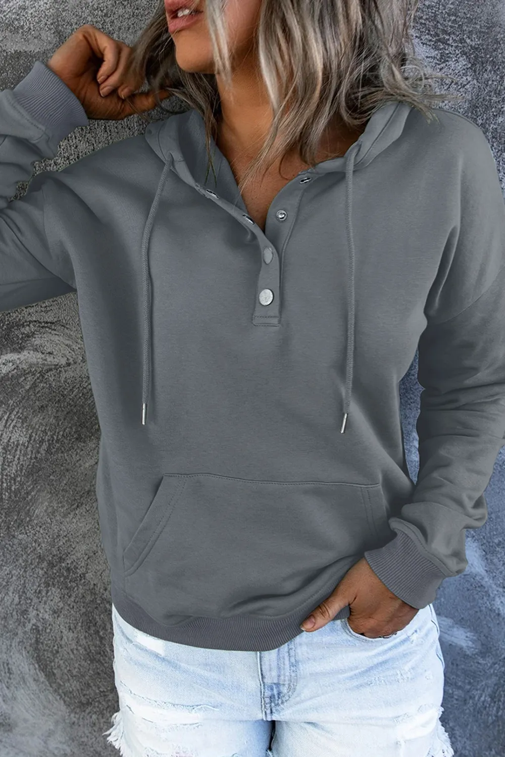 Dropped Shoulder Long Sleeve Hoodie with Pocket, image 2