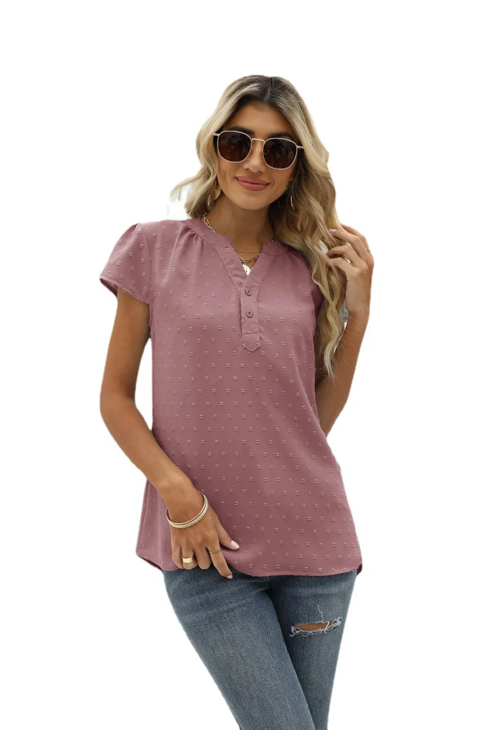 Swiss Dot Notched Neck Short Sleeve Top, image 31