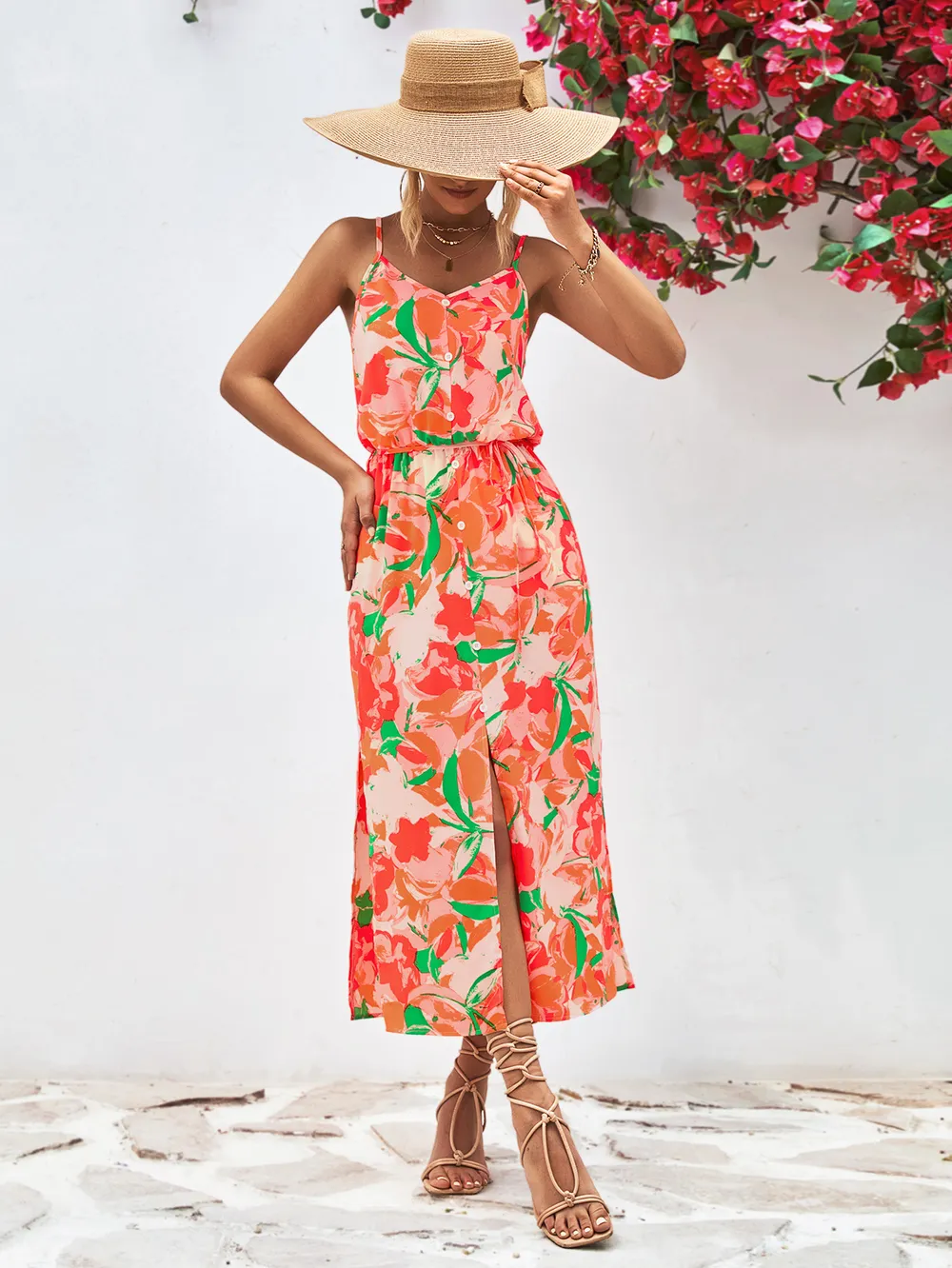 Printed Spaghetti Strap Front Slit Dress, image 2