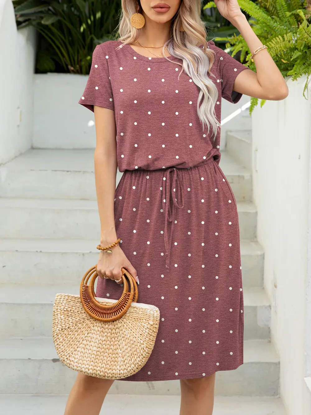 Round Neck Short Sleeve Slit Dress with Pockets, image 2